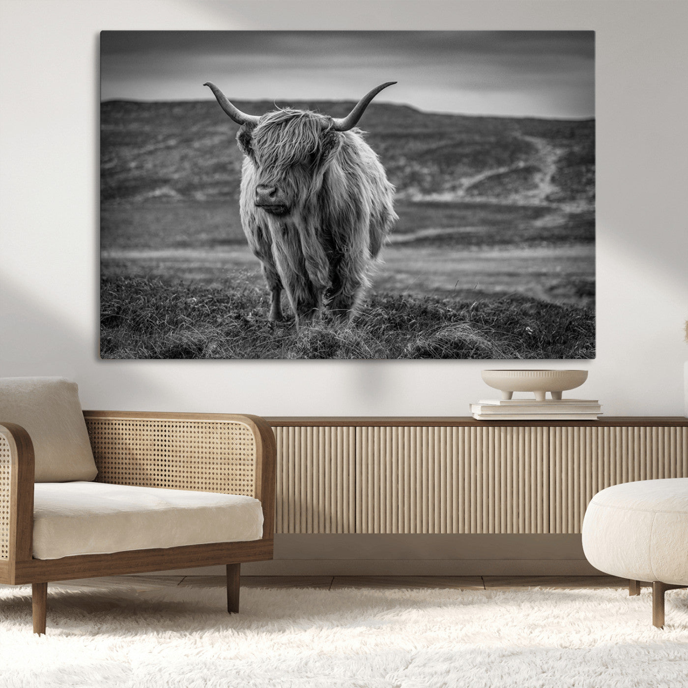 -Fluffy Cattle Wall Art Print, Highland Cow Canvas, Framed Black and white Wall Art