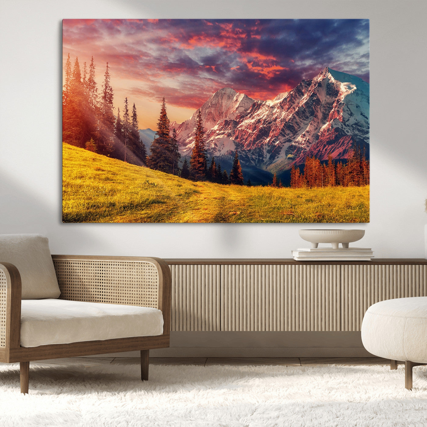 -Mountain and Daylight Red Sunset Wall Art Canvas Print