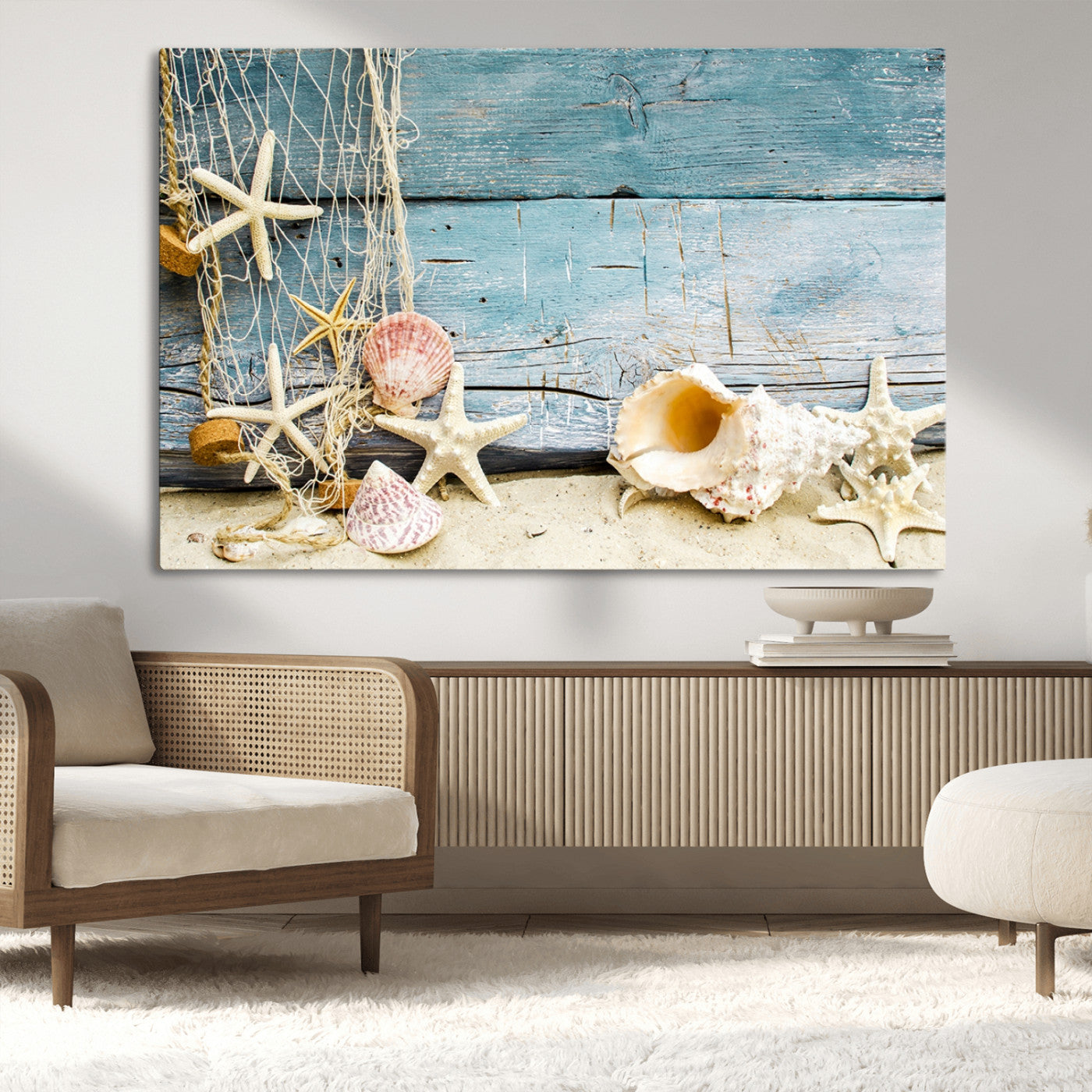 -Seashells on Rustic Wooden Background, Seashells Wall Art Canvas Print