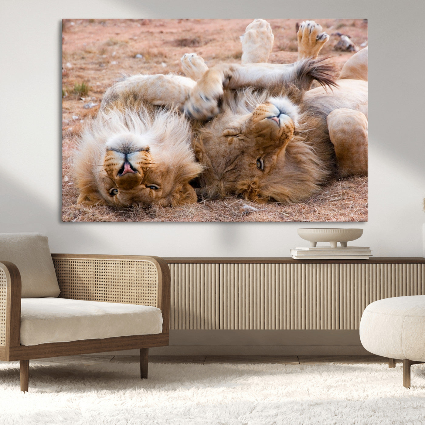 -Lion Pair Wall Art Canvas Print – Framed Wildlife Scene with Playful Lions Artwork for Home, Office, Living Room