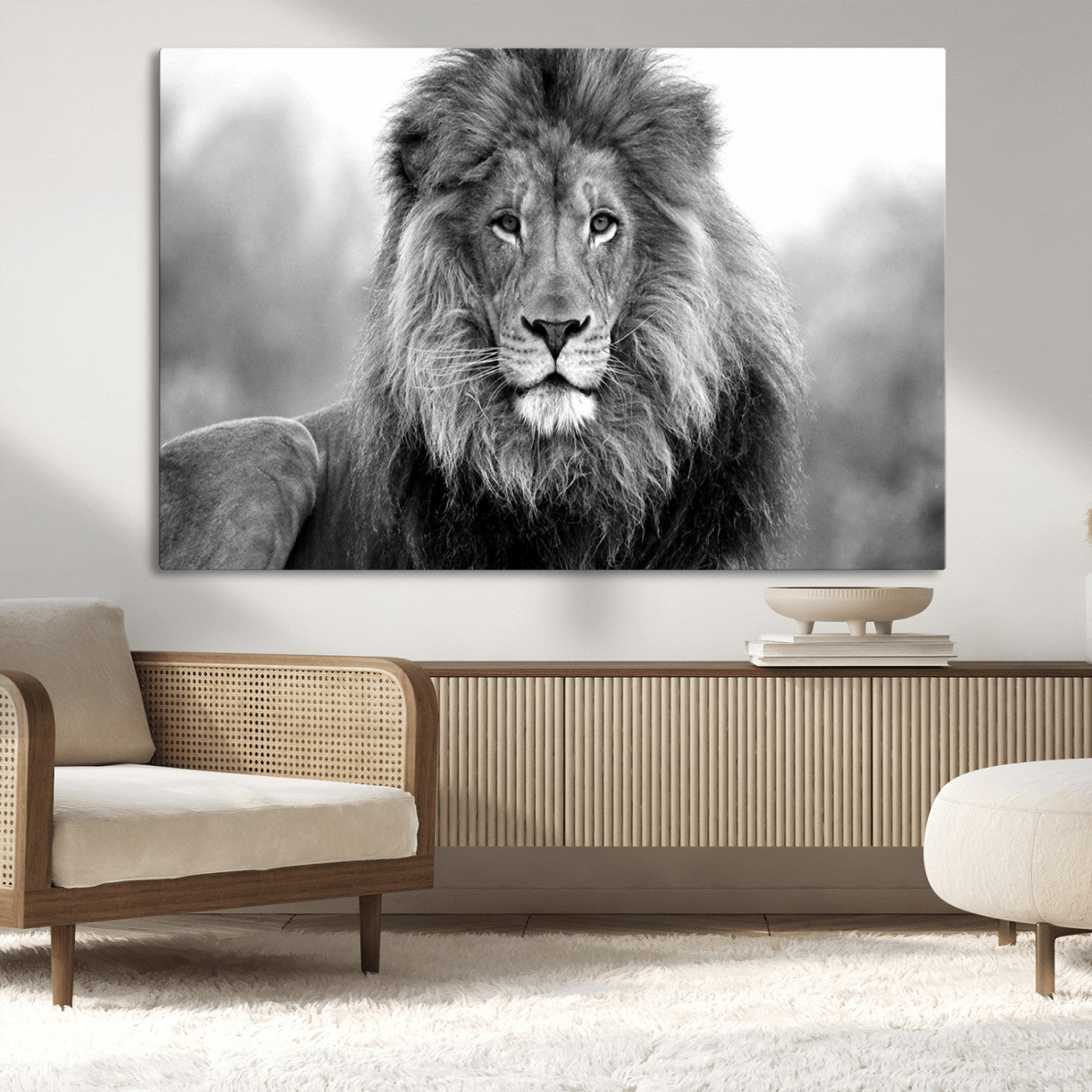 91590-MGV-CV-36X24-Black and White Lion Canvas Wall Art – Animal Print Artwork for Home, Office, Living Room, Guest Room
