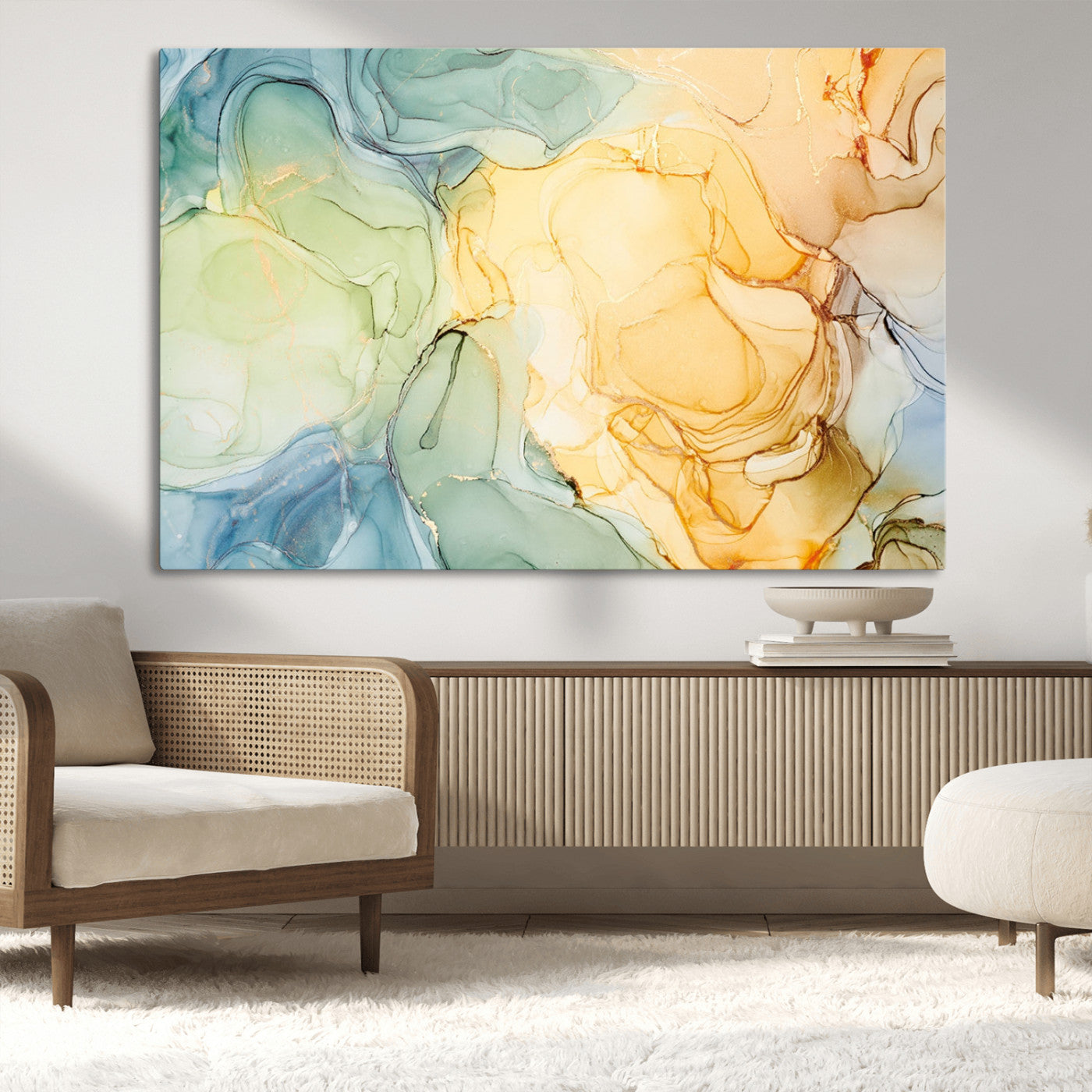 42195-MGV-CV-36X24-Green and Yellow Marble Fluid Effect Wall Art, Green and Yellow Marble Canvas Wall Art Print