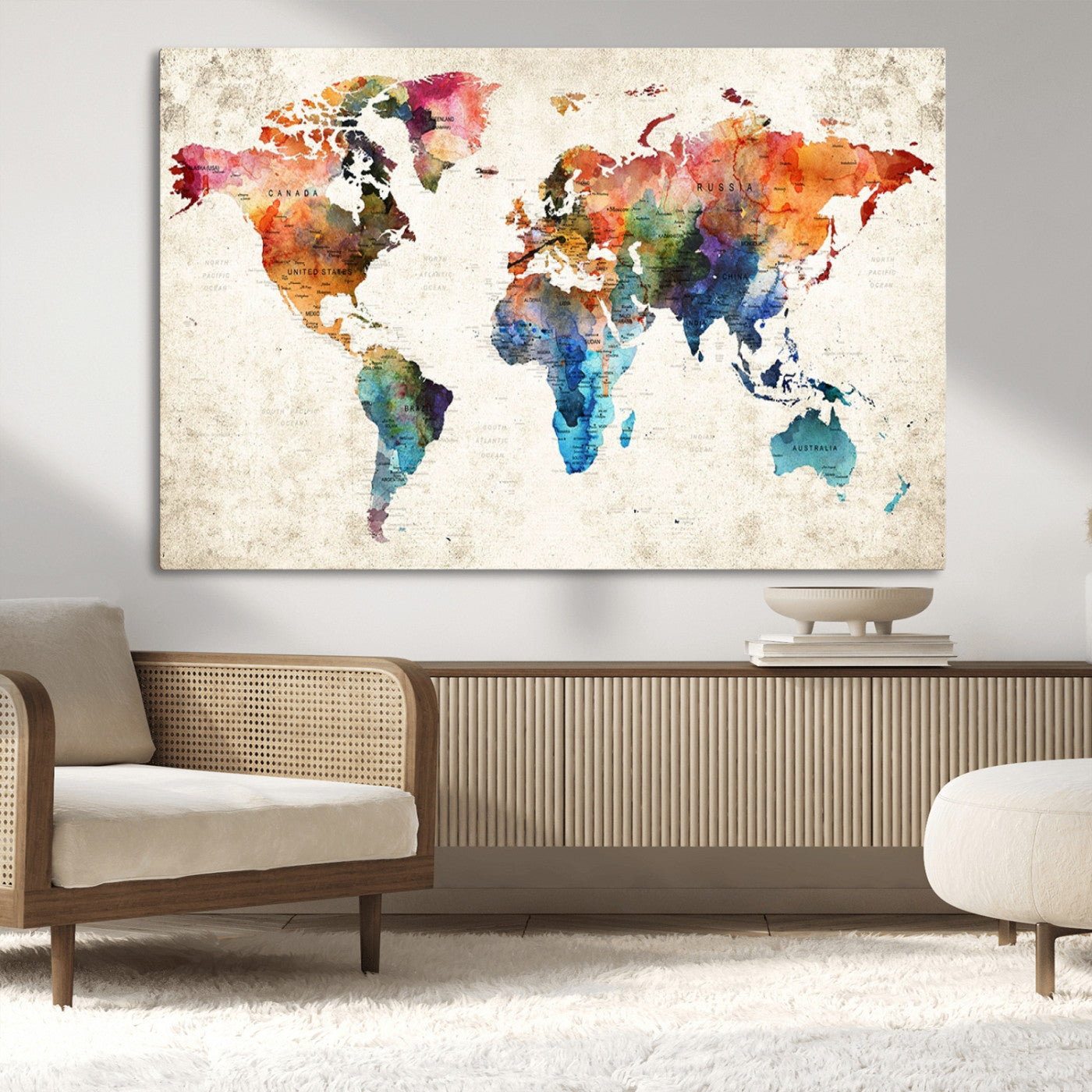 66549-MGV-CV-36X24-Colorful Watercolor World Map Canvas Wall Art – Framed Push Pin Travel Map for Home and Office Decor, Artistic Modern Wall Artwork