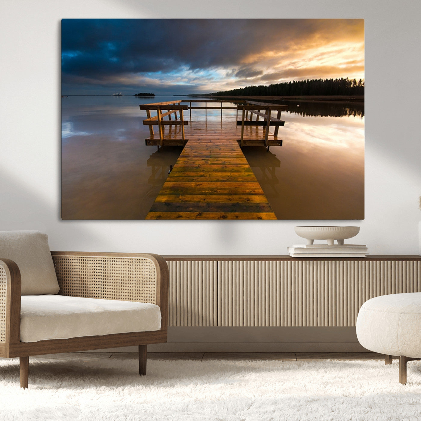 -Serene Lake Pier at Sunset Canvas Print | Landscape Canvas Print | Ready to Hang and Framed Wall Art
