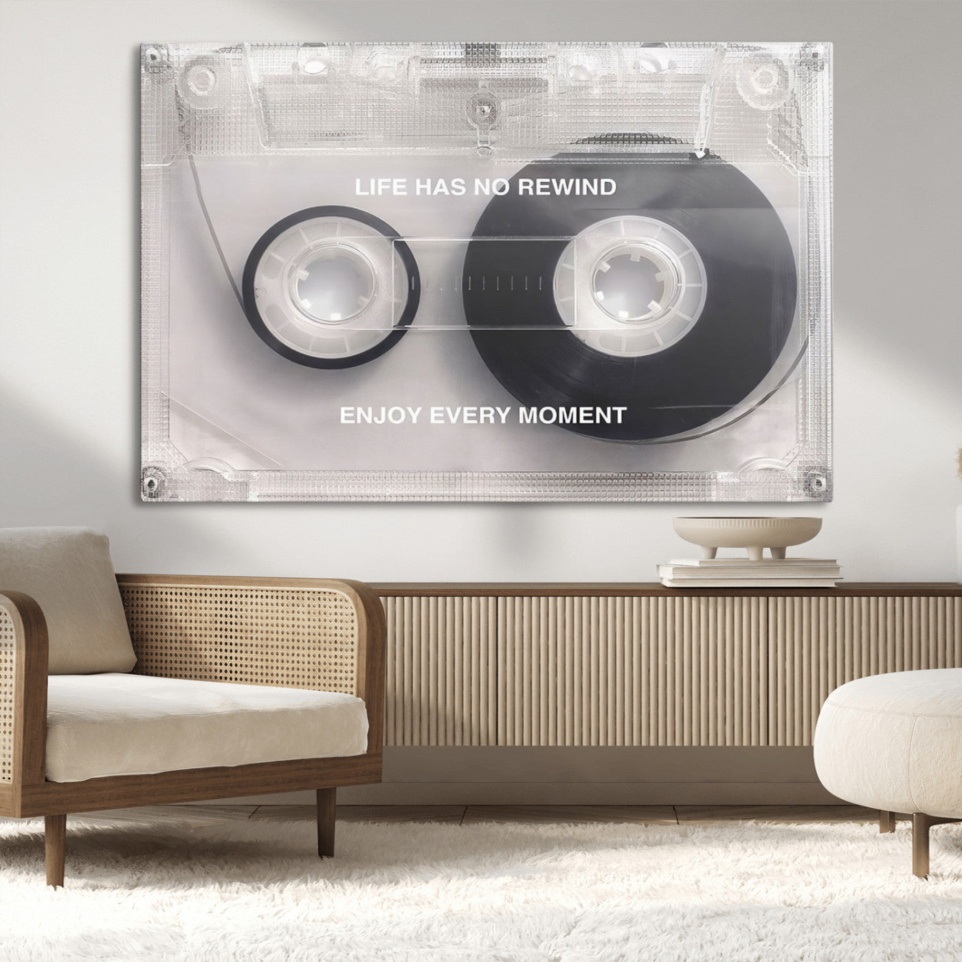 -Vintage Cassette Tape Canvas Wall Art - Inspirational 'Life Has No Rewind' Quote, Retro Music Decor