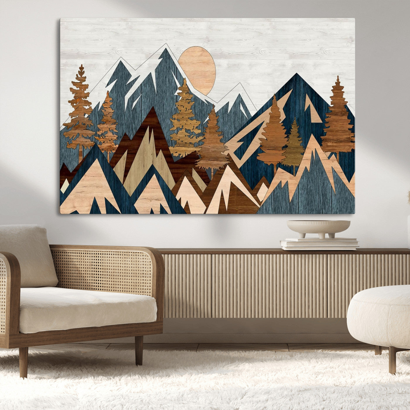 91467-MGV-CV-36X24-Abstract Wood Panel Effect Mountain Range Top Wall Art Canvas Print