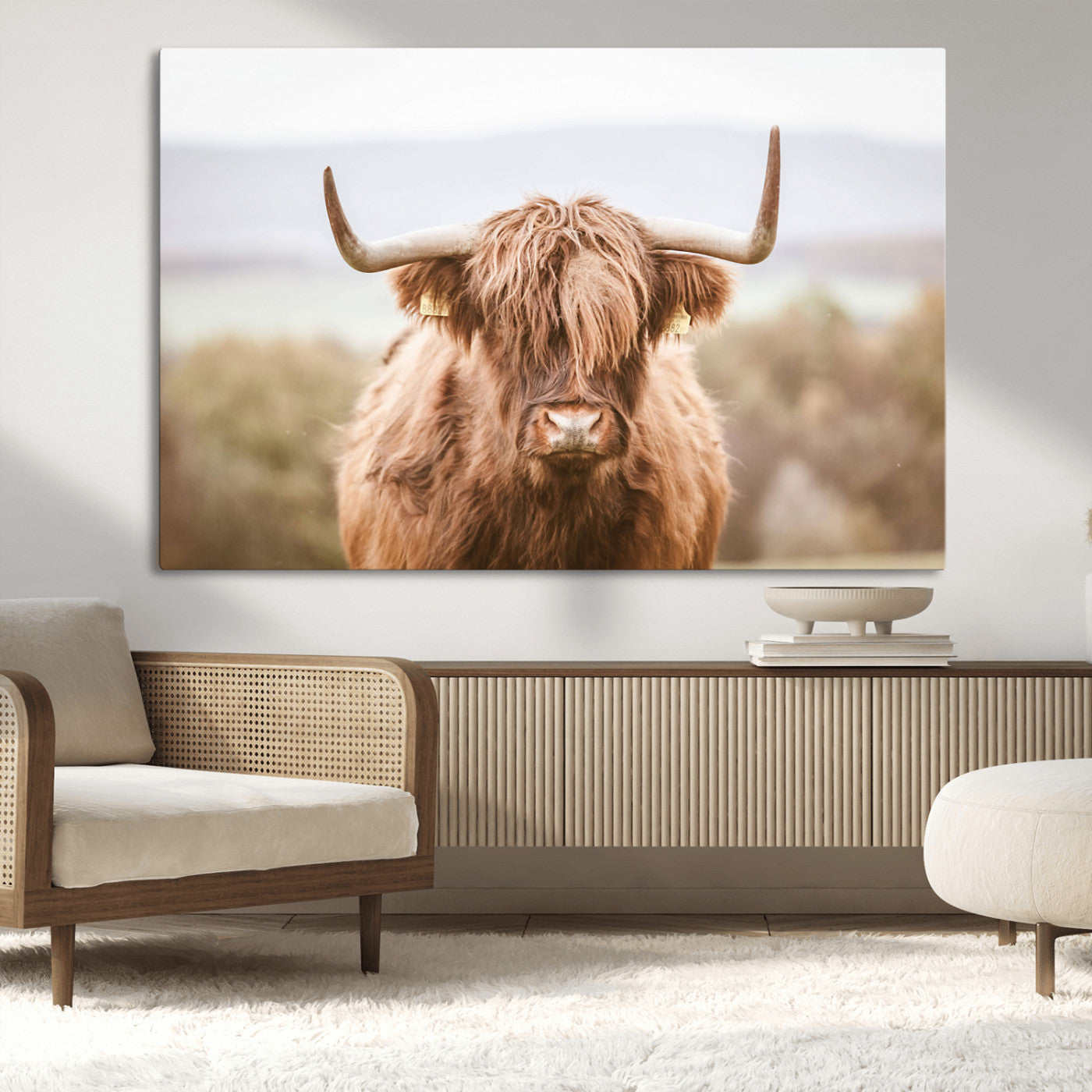 -Scottish Serene Highland Cow Canvas Wall Art – Serene Highland Cow in Natural Pastel Tones – Ready