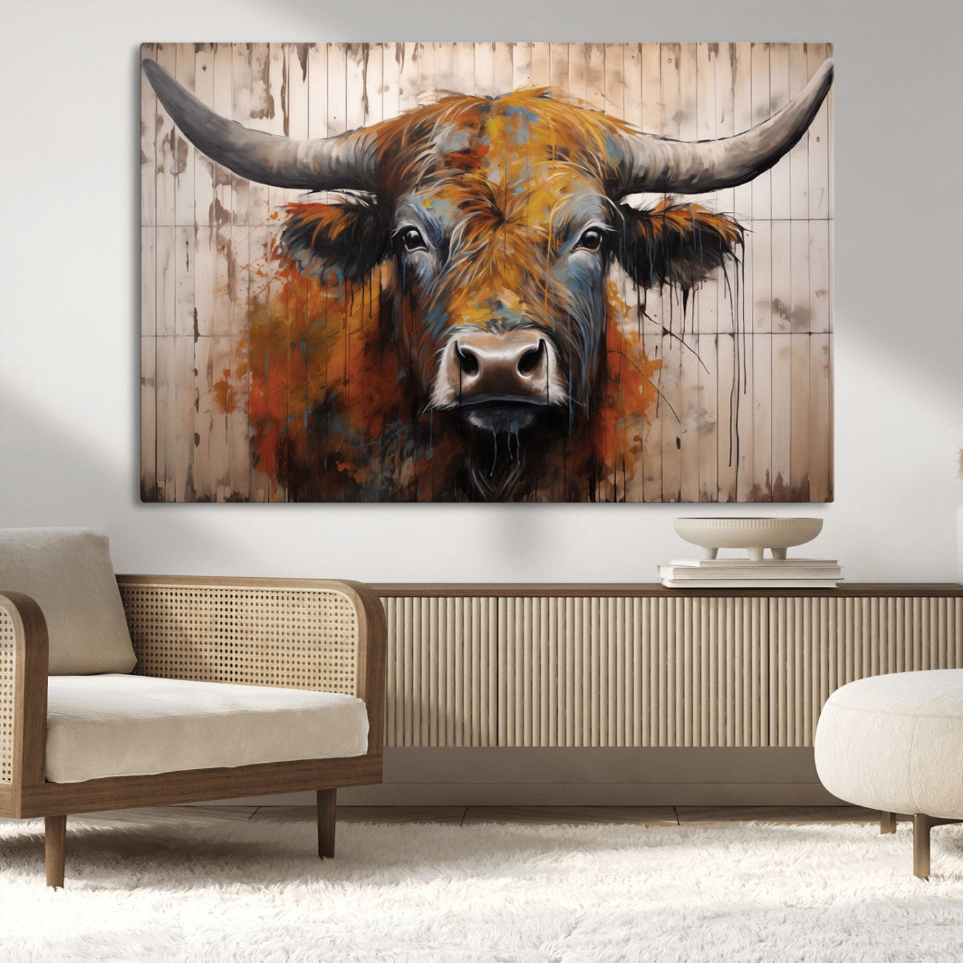 47284-MGV-CV-36X24-Scottish Highland Cow Cattle Art Print on Wood Style Background