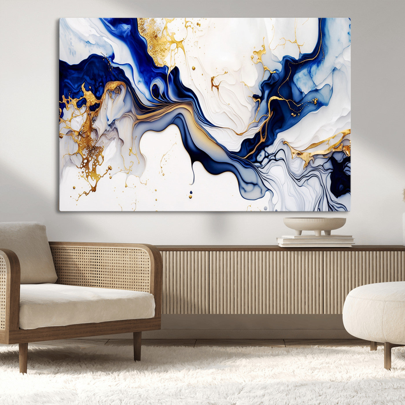 93392-MGV-CV-36X24-Golden Cascades on Midnight Blue – Deep Blue Abstract Wall Art Flowing Elegance | Wall Art Canvas,