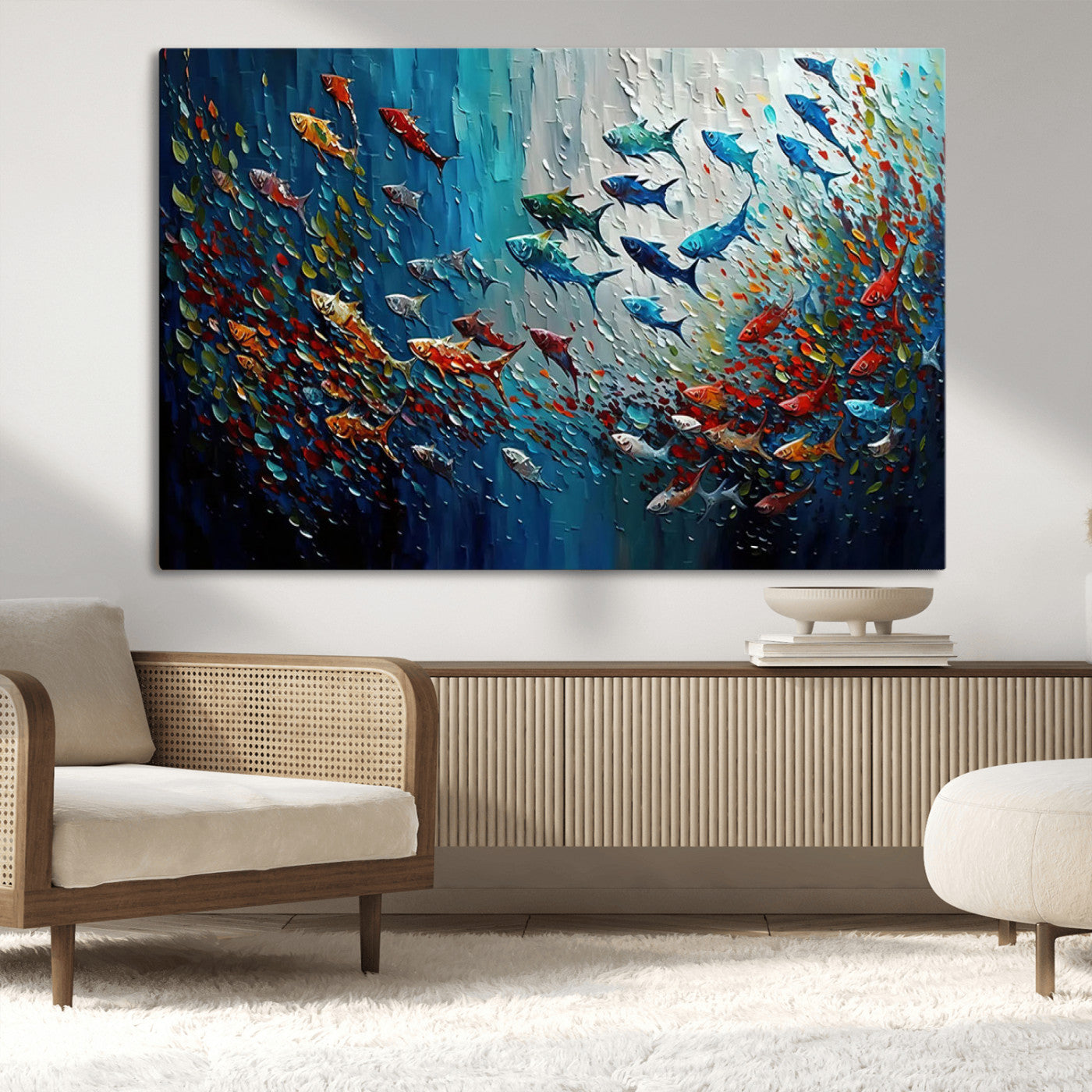 89626-MGV-CV-36X24-Modern Abstract Fish Shoal Wall Art Canvas Print, Colorful Fish Herd Painting on Canvas Print, Ocean