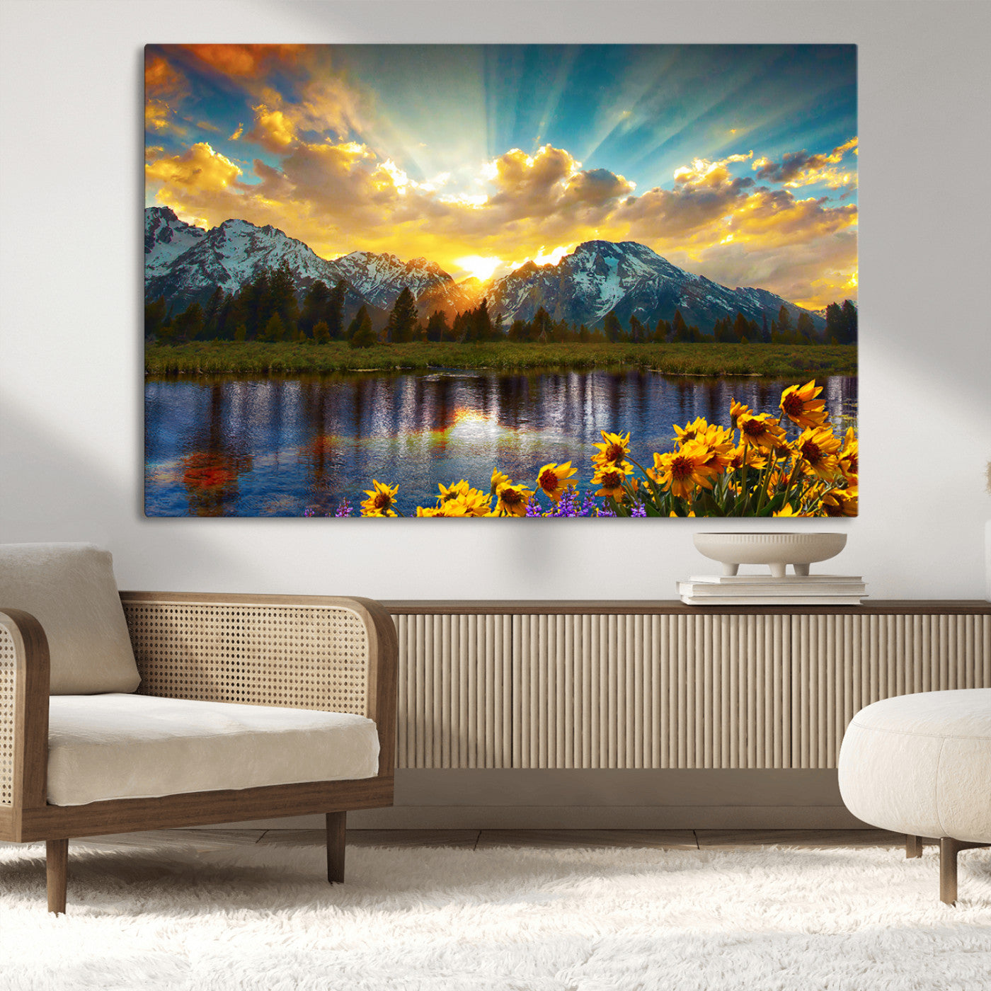 42292-MGV-CV-36X24-Mountain Sunrise Wall Art – Vibrant Landscape Canvas Print with Wildflowers and River Reflection, Nature Scenery Decor for Living Room or Bedroom