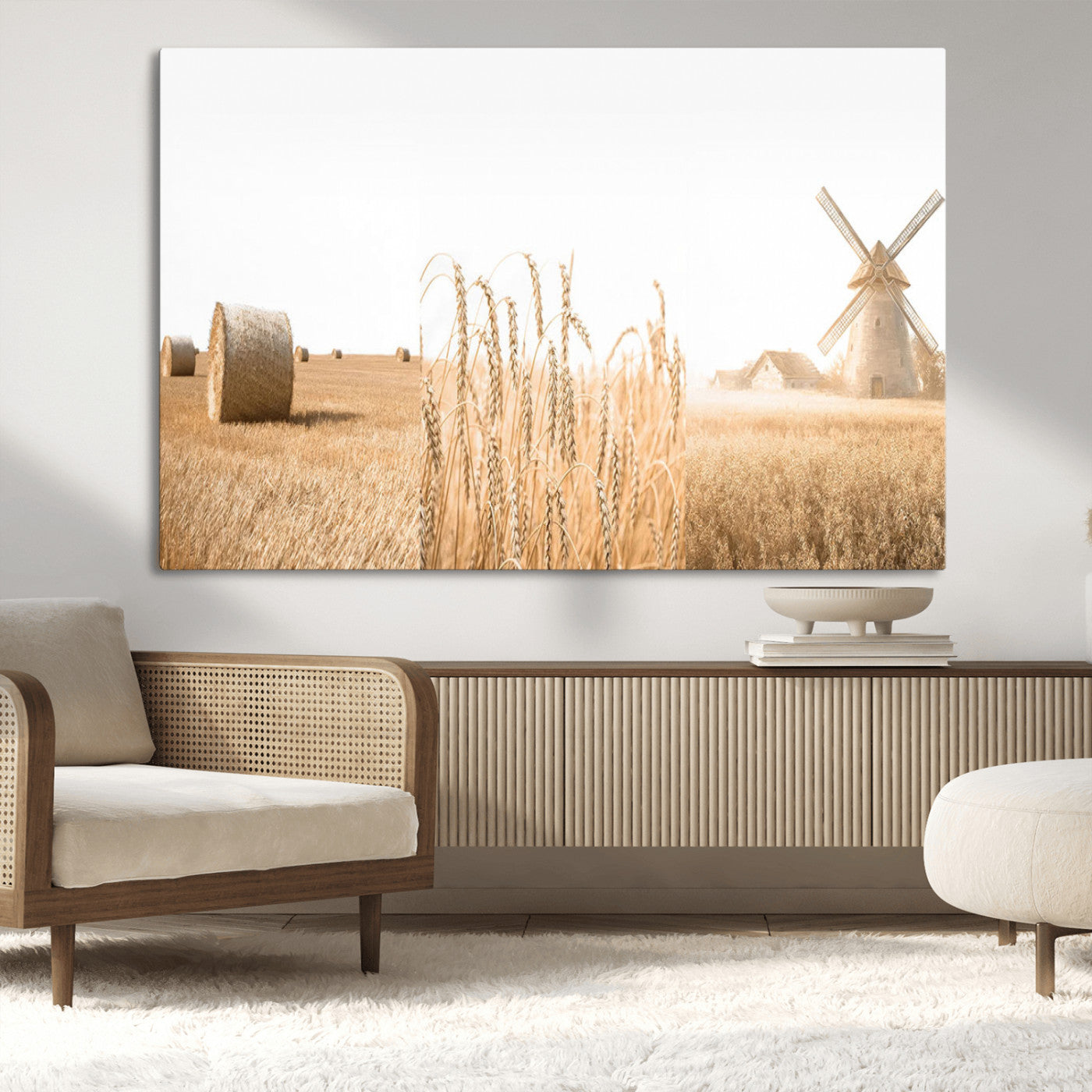 88780-MGV-CV-36X24-Vintage Farmhouse Triptych Wall Art – Giclée Canvas Featuring Wheat Fields, Hay Bales, and a