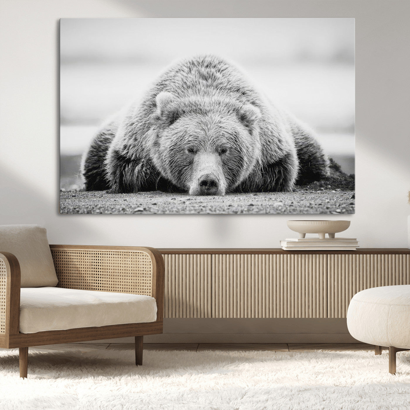 -Resting Grizzly Bear Wall Art Canvas Print – Majestic Lazy Black and White Wildlife Bear Art,
