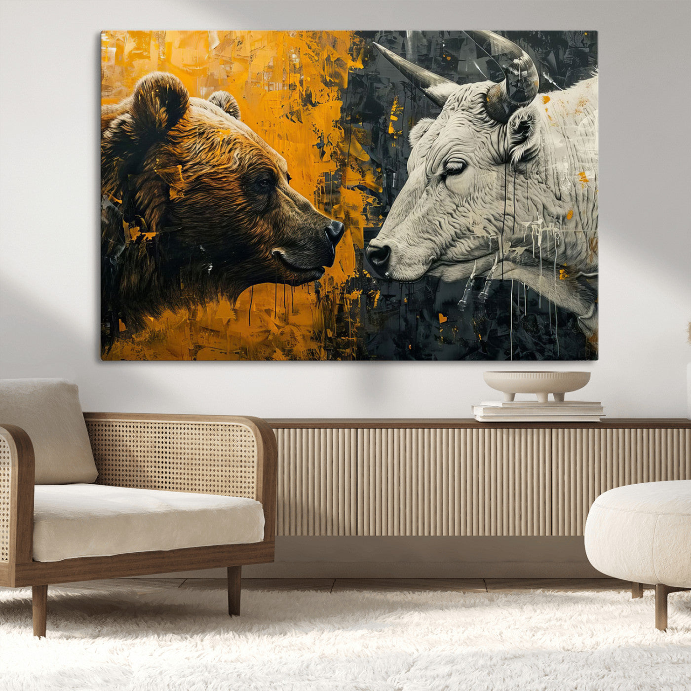 71185-MGV-CV-36X24-Bear and Bull Wall Art Canvas Print – Abstract Animal Portrait Painting for Modern Home Decor –