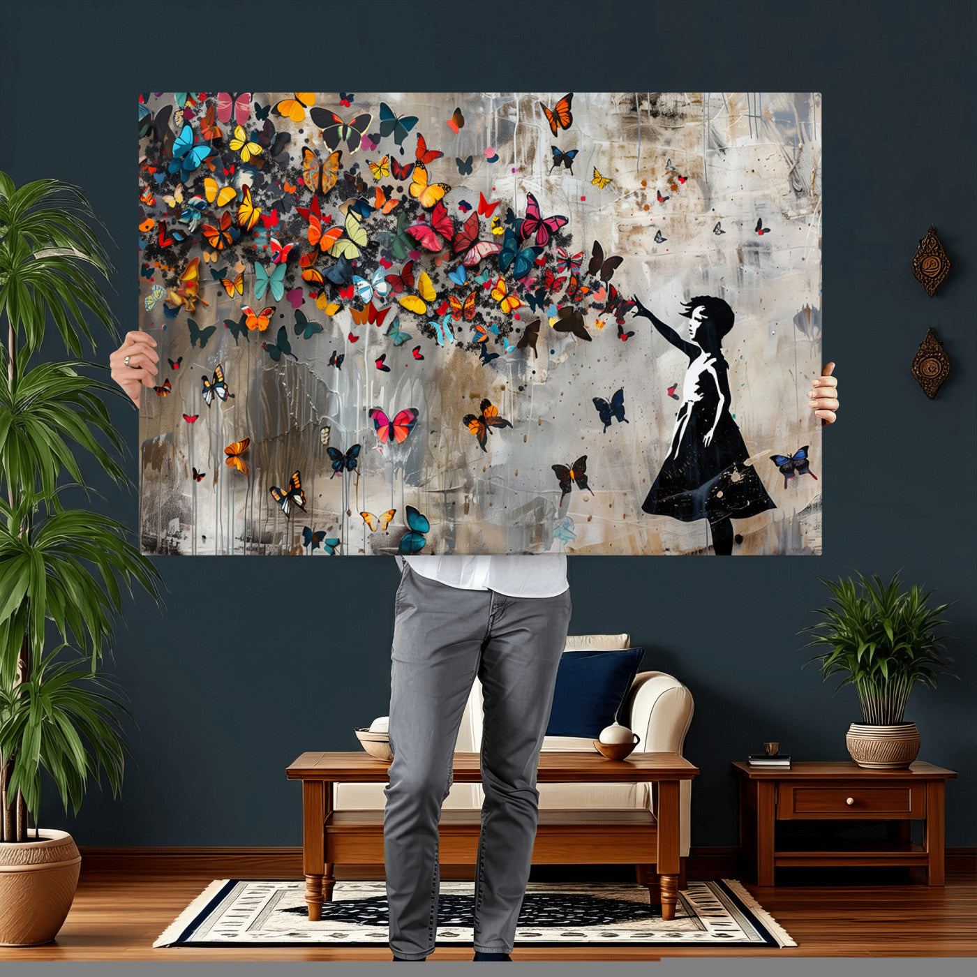 40269-MGV-CV-36X24 - Banksy Wall Art - Banksy Girl and Butterfly Explosion Wall Art Canvas Print | Girl with Butterflies