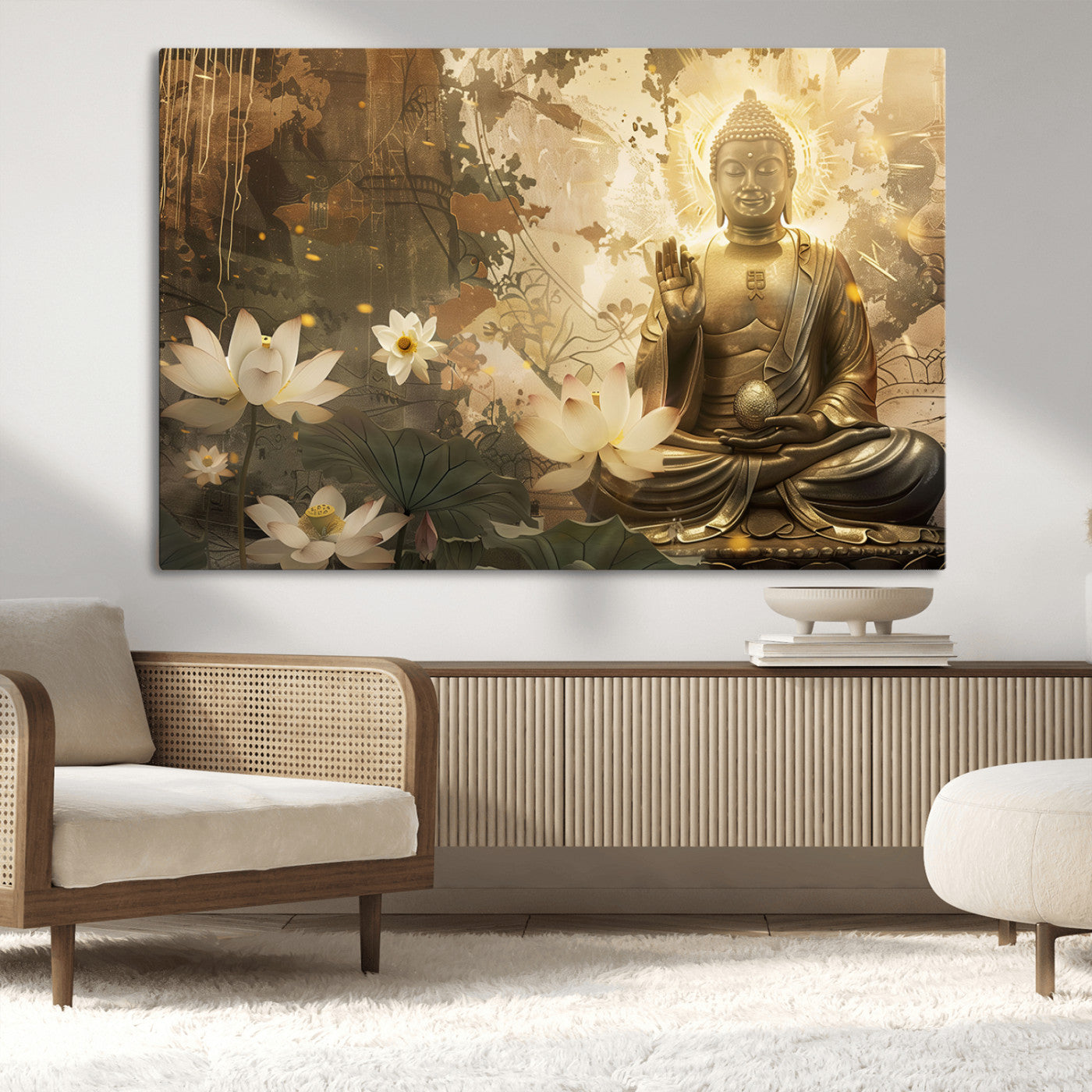-Zen Buddha Wall Art Canvas Print | Peaceful Meditation Decor with Lotus Flowers | Spiritual Serenity