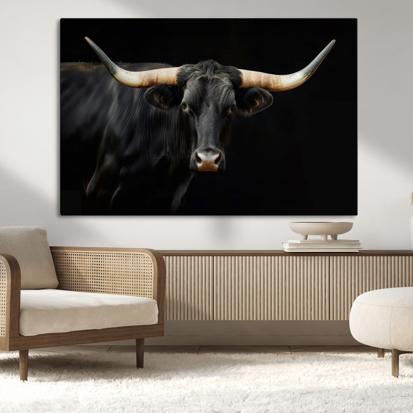 -Black Bull Wall Art – Majestic Longhorn Canvas Print with Dark Background, Rustic Western Farmhouse Decor for Living Room or Office