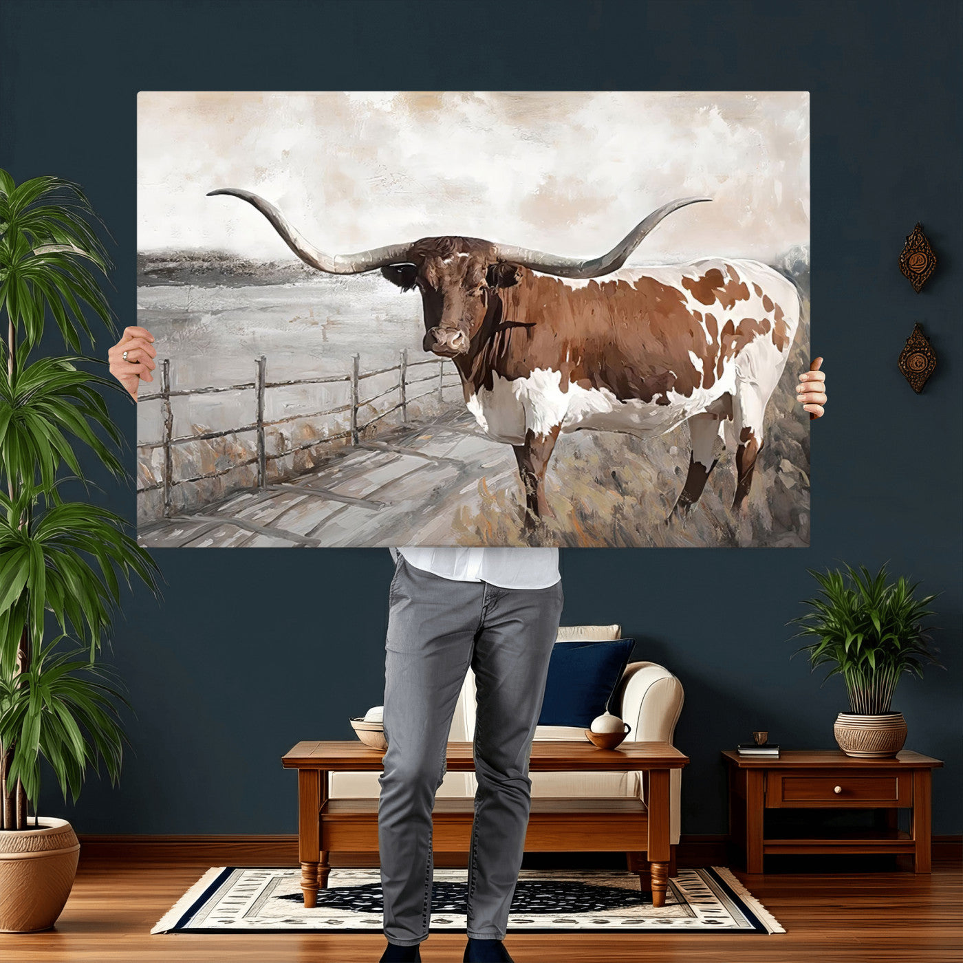 57340-MGV-CV-36X24 - Vintage Texas Cow Wall Art Canvas Print, Rustic Longhorn Wall Art | Canvas Print for Farmhouse Decor