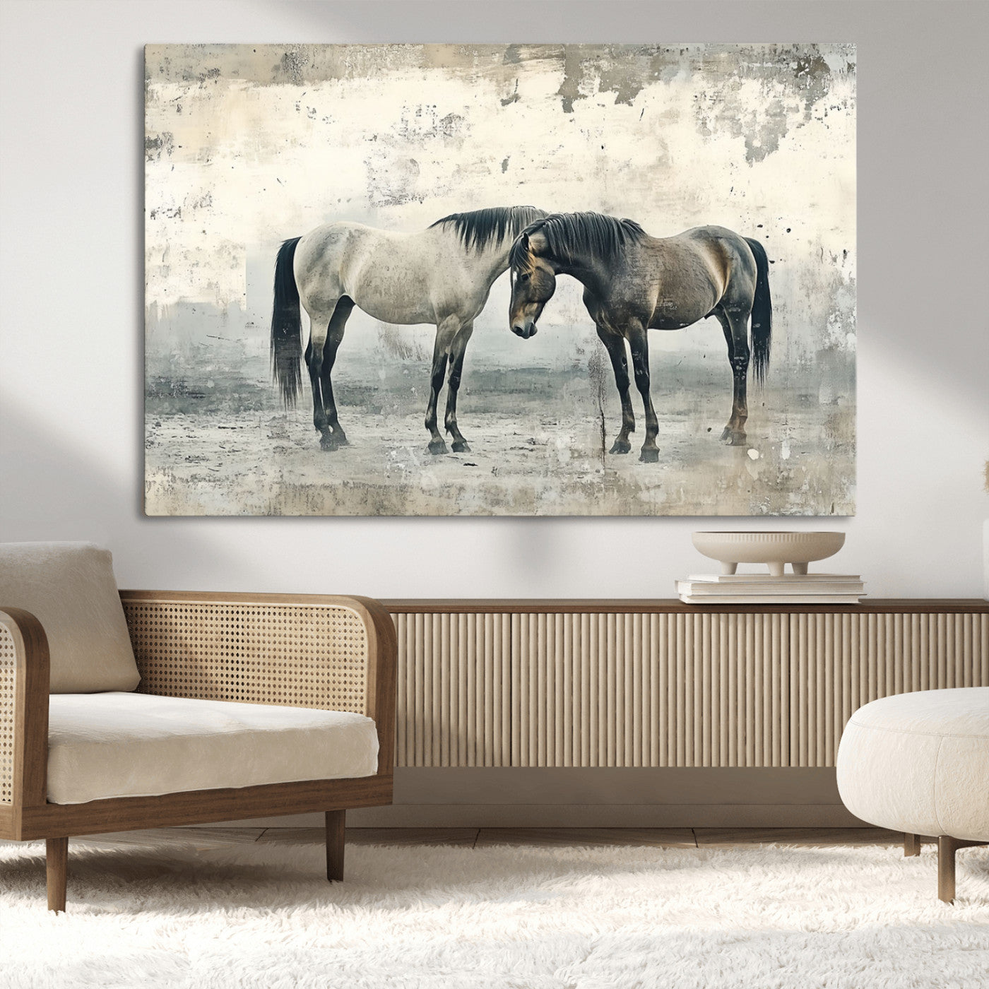 -Chines Style Majestic Horses Wall Art | Ready to Hang and Framed Triptych Print | Western Farmhouse