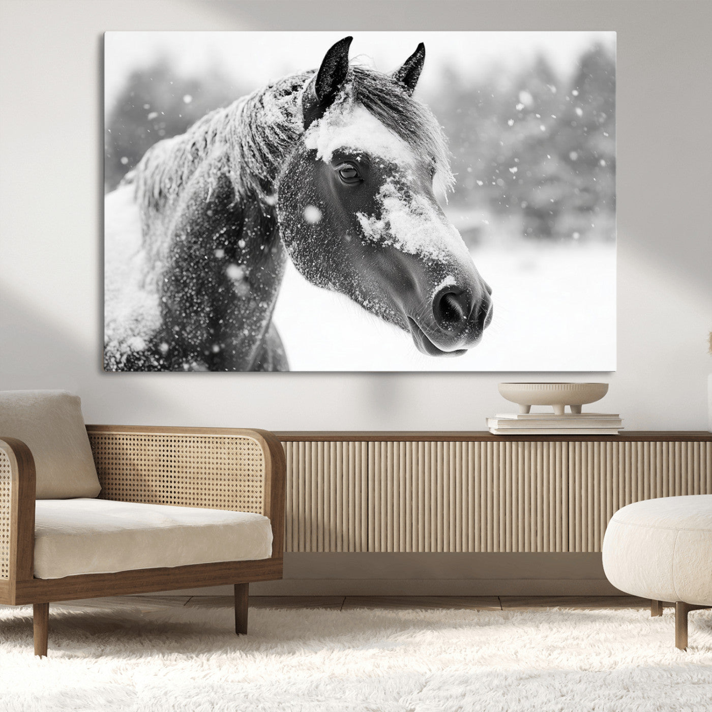 13358-MGV-CV-36X24-Black Horse Winter Wall Art | Ready to Hang and Framed | Farmhouse and Western Wall Decor for Living Room