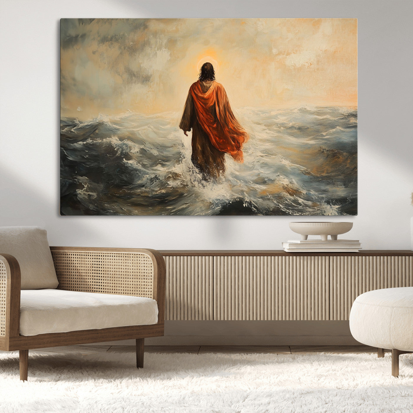 -Jesus Walking on Water, Christian Wall Art, Jesus Christ Walking on Oil Painting Style Print