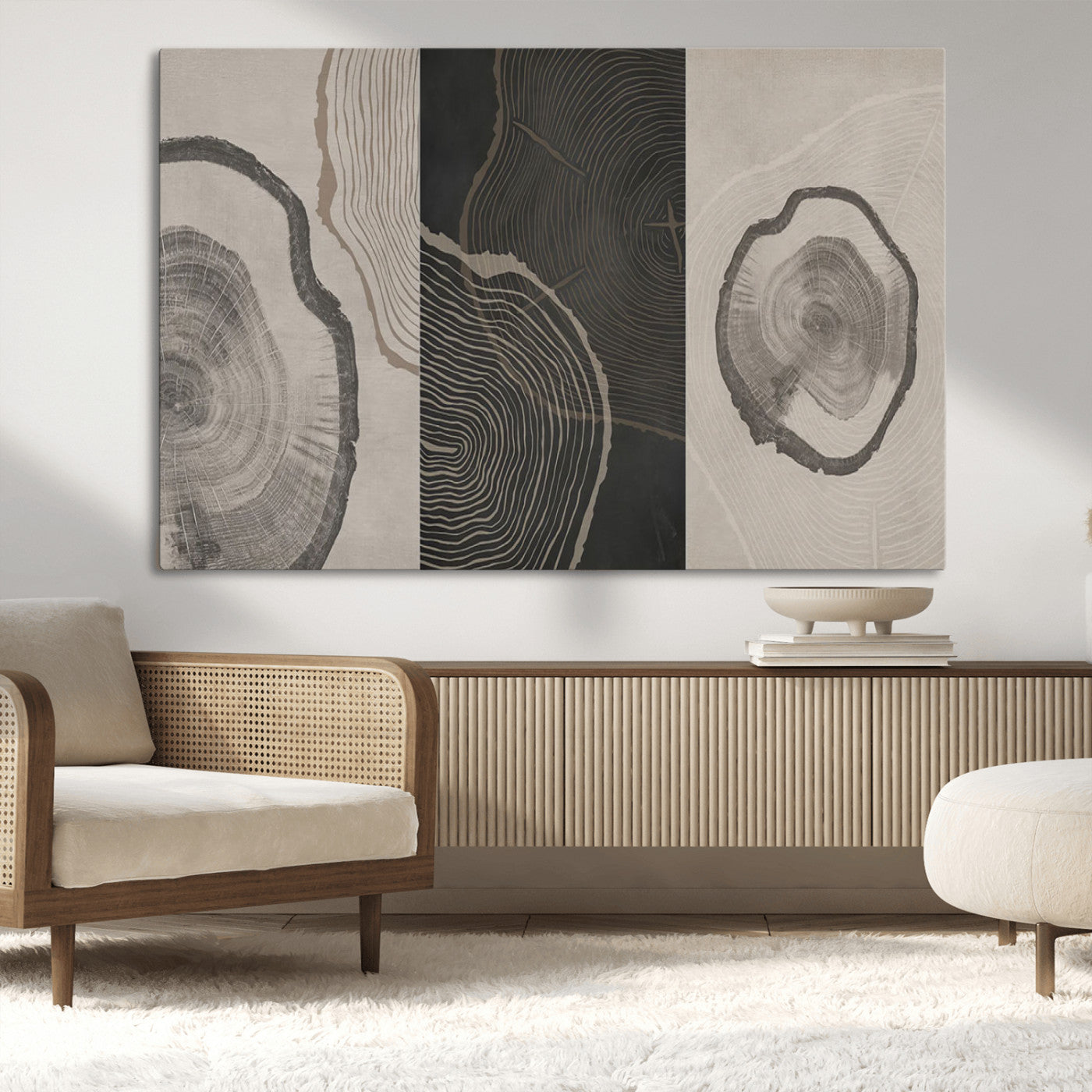 25407-MGV-CV-36X24-Modern Abstract Tree Ring Canvas Art Set | 3 Panel Large Tree Ring Design for Living Room, Office,