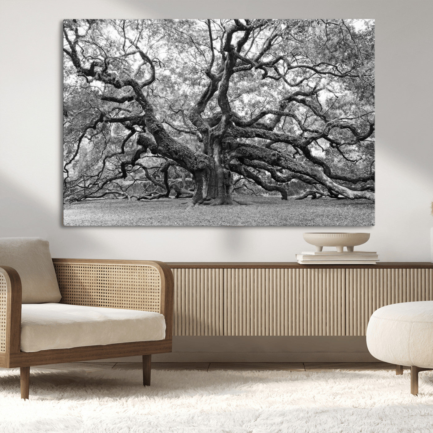 -Black White Angel Oak Tree Wall Art - Timeless Nature-Inspired Canvas for Rustic, Modern, or