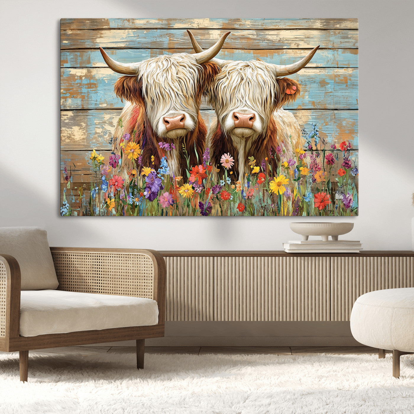 36972-MGV-CV-36X24 - Cute Highland Cow Canvas Wall Art - Rustic Farmhouse Decor with Colorful Flowers Perfect Wall Art