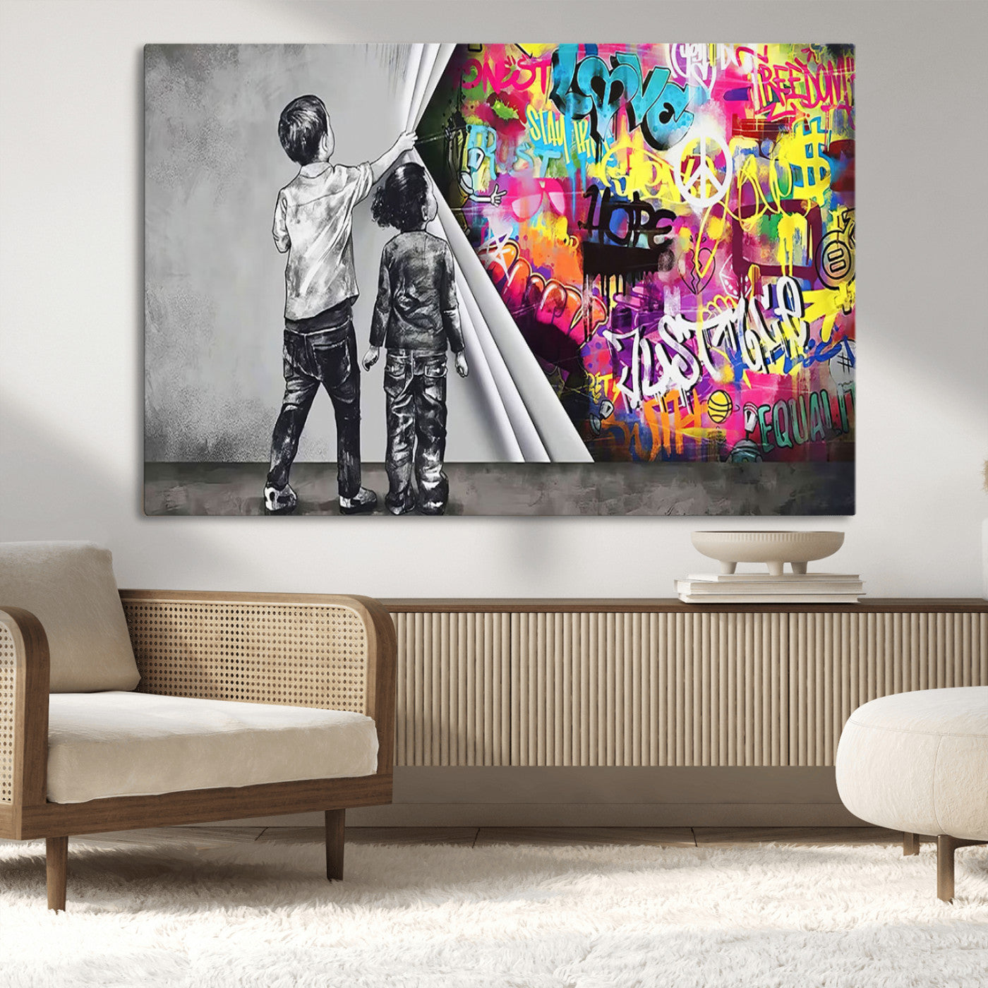 92809-MGV-CV-36X24-Banksy Print - Street Art Canvas Wall Art - Kids Revealing Graffiti, Urban Modern Decor for Living