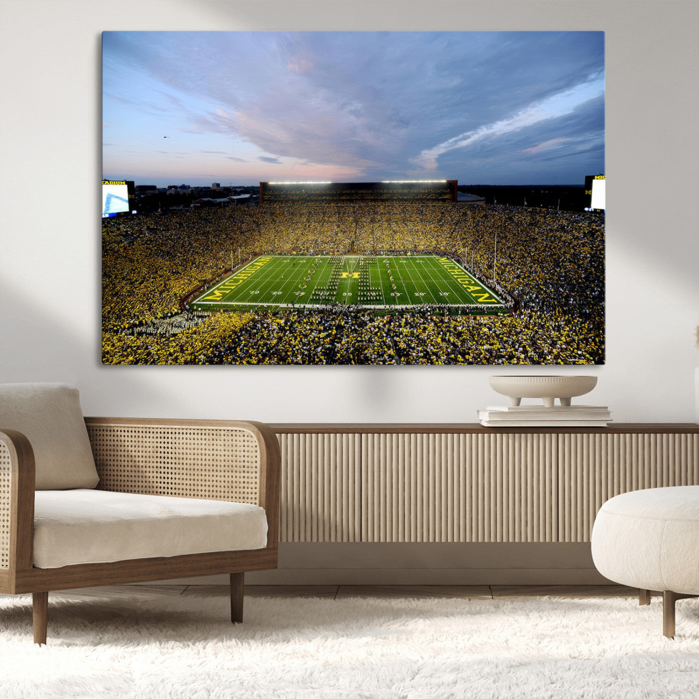 82641-MGV-CV-36X24-Michigan Stadium Wall Art Canvas Print – Framed Football Field Scene with Marching Band Artwork for Home, Office