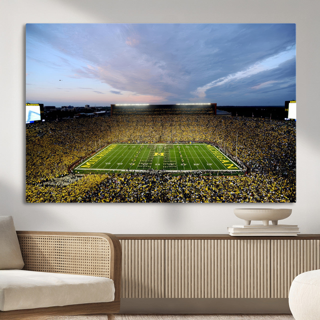 82641-MGV-CV-36X24 - Michigan Stadium Wall Art Canvas Print, Vibrant Game Day Crowd and Sunset Sky Football Field Artwork for Home, Office
