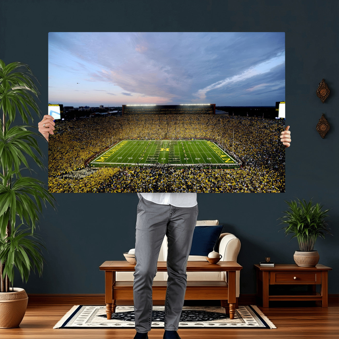 82641-MGV-CV-36X24 - Michigan Stadium Wall Art Canvas Print, Vibrant Game Day Crowd and Sunset Sky Football Field Artwork for Home, Office