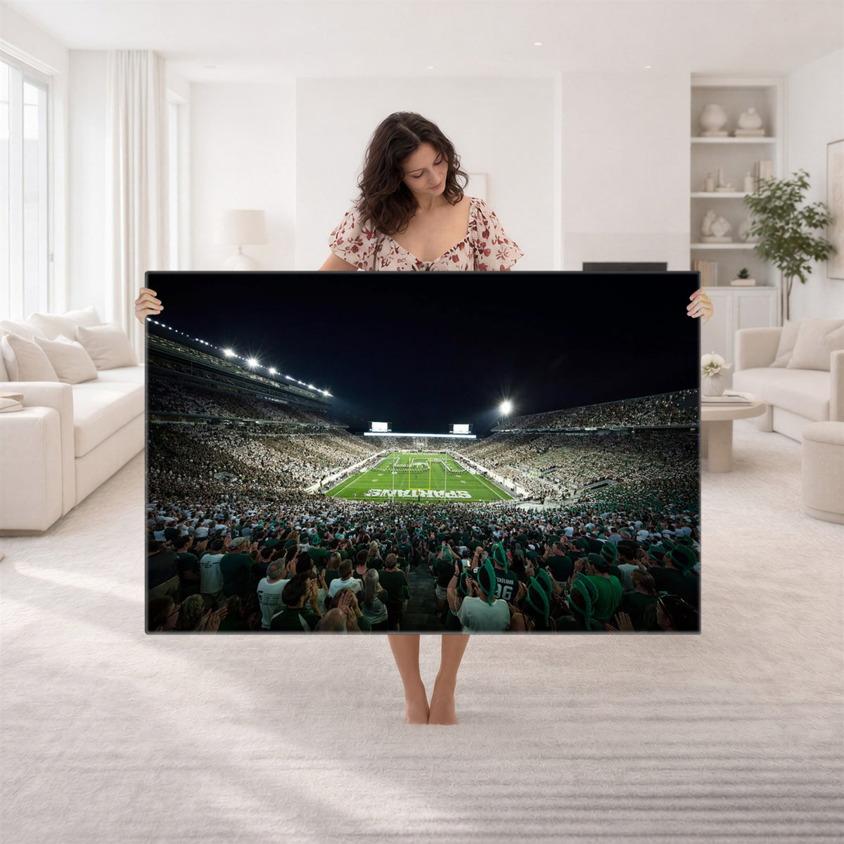 57523-PAN-FL-20X10 - Framed Michigan State Spartans Football Team Print - East Lansing Spartan Stadium Wall Art Canvas