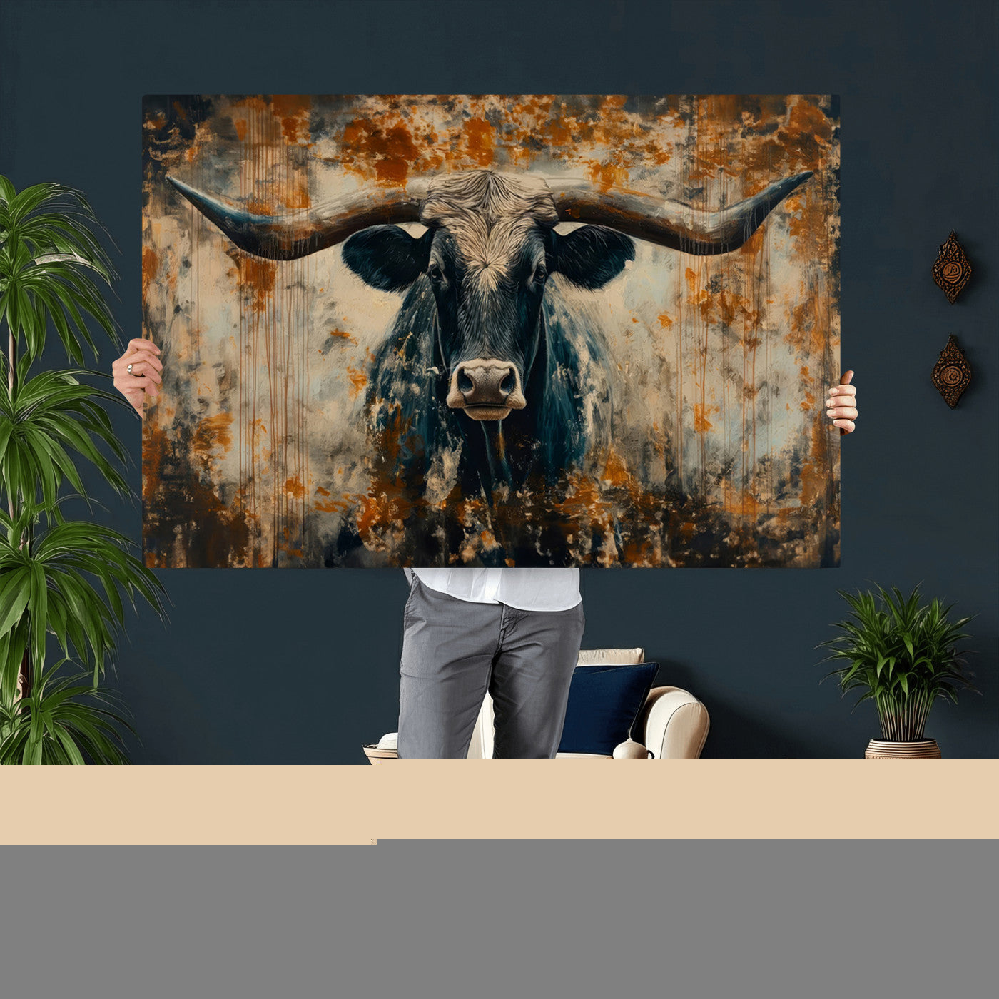 85913-MGV-CV-36X24 - Abstract Longhorn Bull Wall Art | Rustic Western Wall Decor | Framed and Ready to Hang | Ideal for