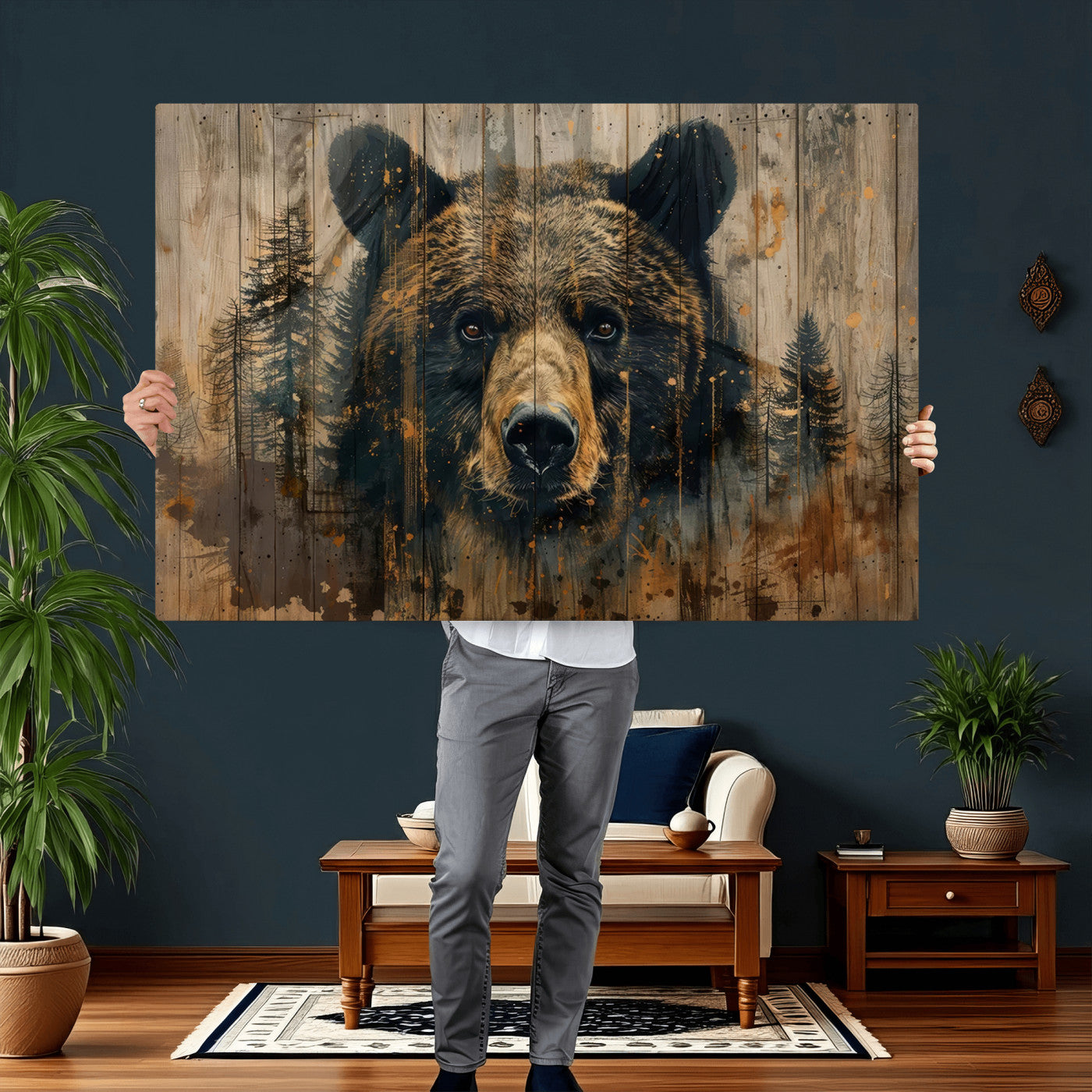 51373-MGV-CV-36X24 - Abstract 399 Bear Wall Art | Rustic Cabin Wall Decor with Forest Design for Farmhouse Wall Decor