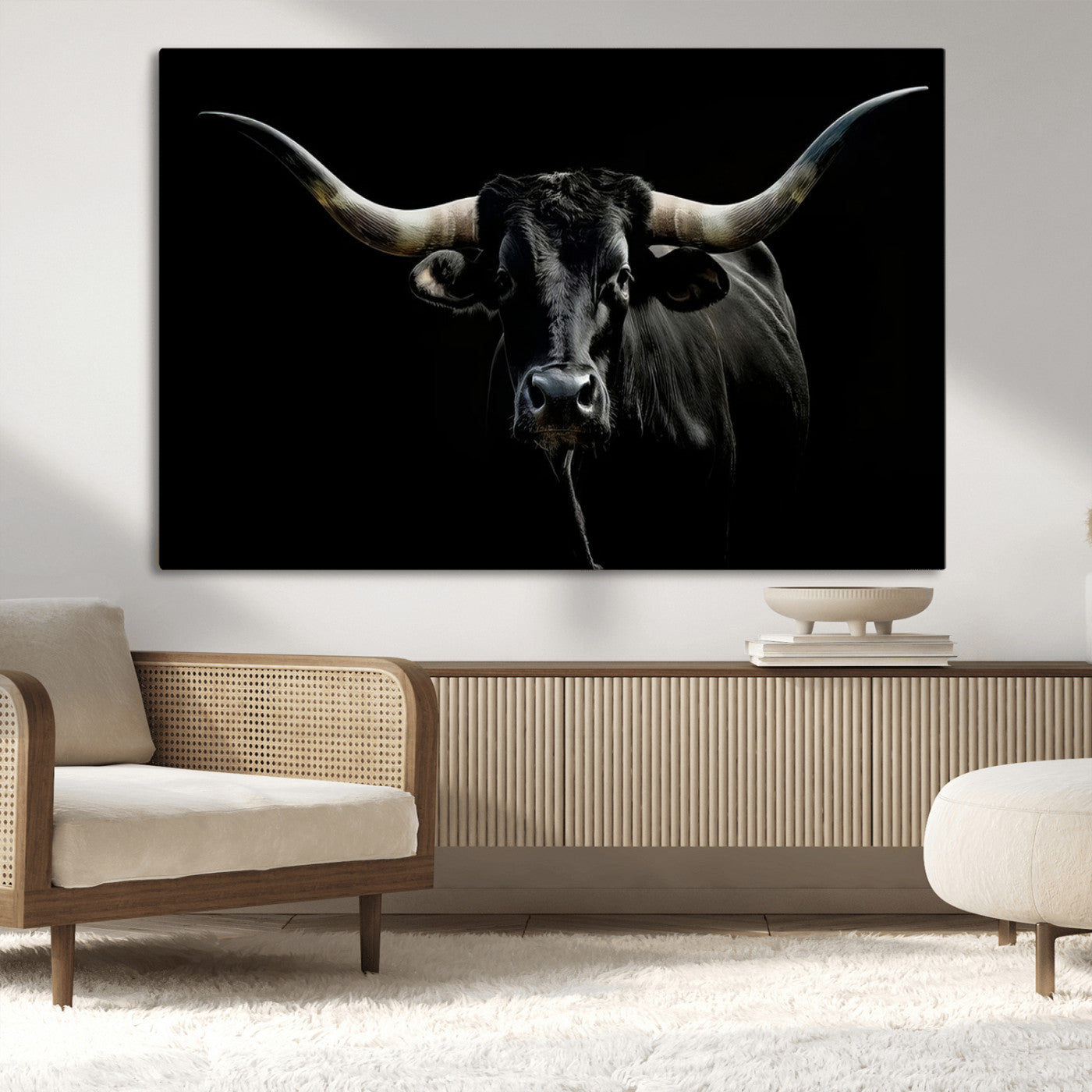 20679-MGV-CV-36X24-Texas Black Longhorn Bull Wall Art Canvas Print - Western Texas Cattle Rustic Decor Print - Longhorn