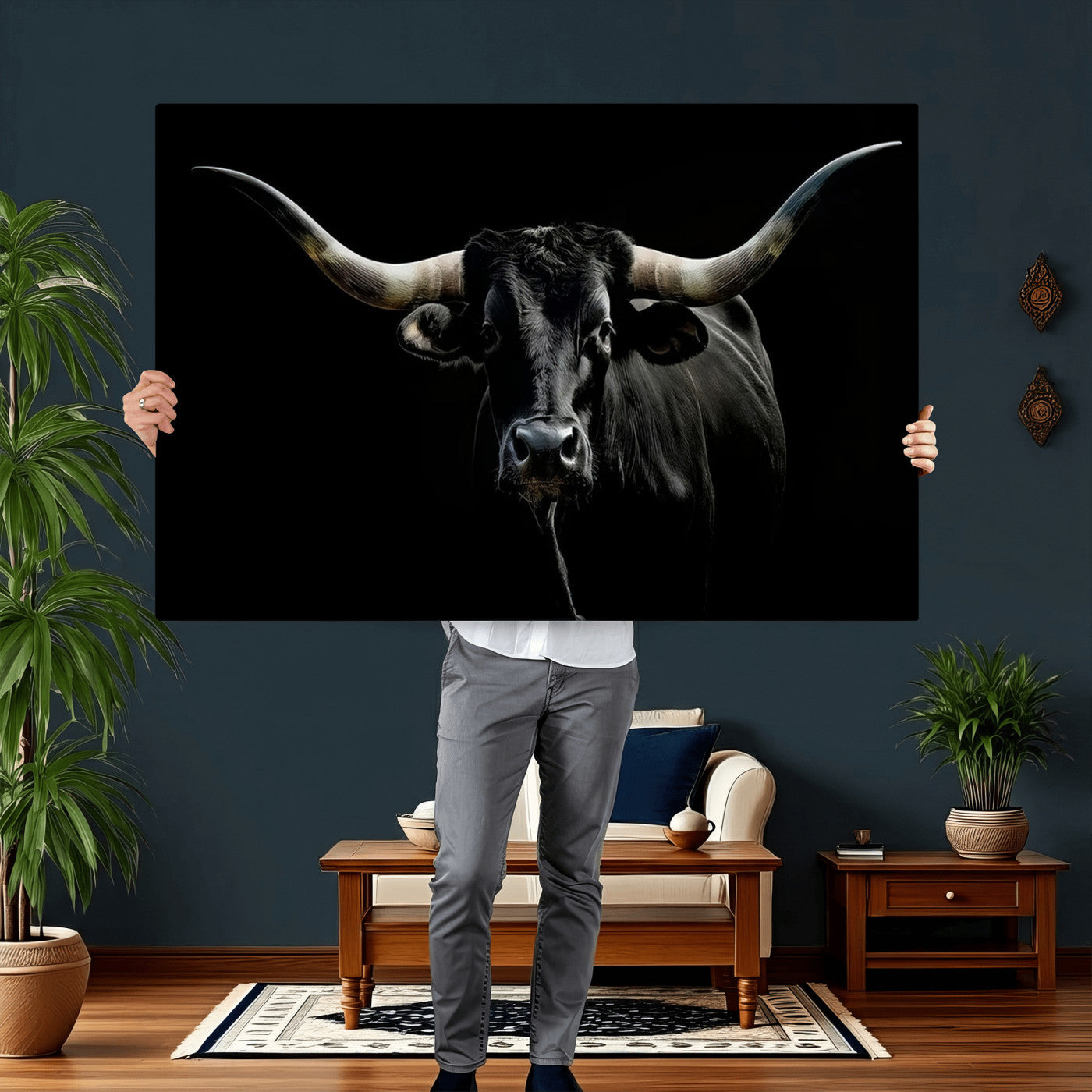 20679-MGV-CV-36X24 - Texas Black Longhorn Bull Wall Art Canvas Print - Western Texas Cattle Rustic Decor Print - Longhorn