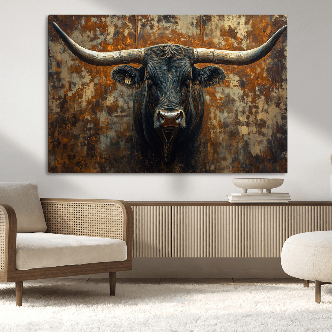68068-MGV-CV-36X24-Longhorn Texas Cow Bull Wall Art | Rustic Farmhouse Canvas Print | Ready to Hang Barn Decor for