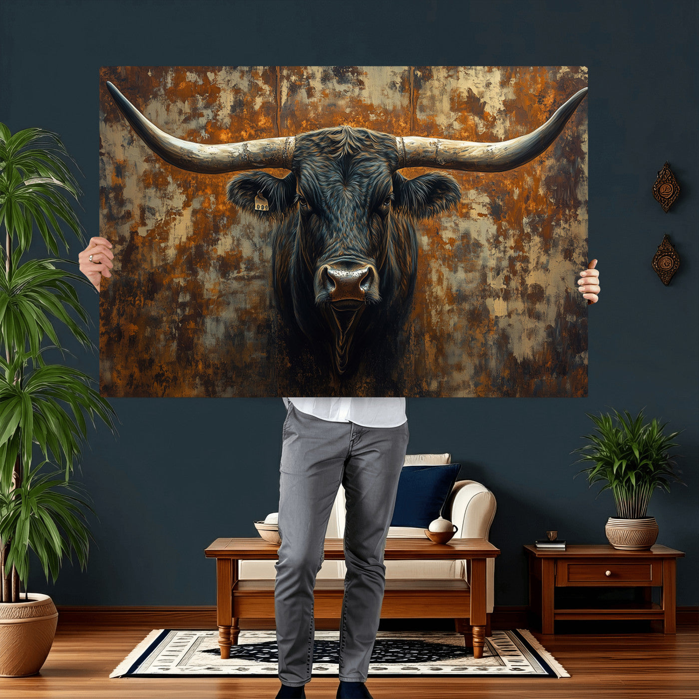 68068-MGV-CV-36X24 - Longhorn Texas Cow Bull Wall Art | Rustic Farmhouse Canvas Print | Ready to Hang Barn Decor for
