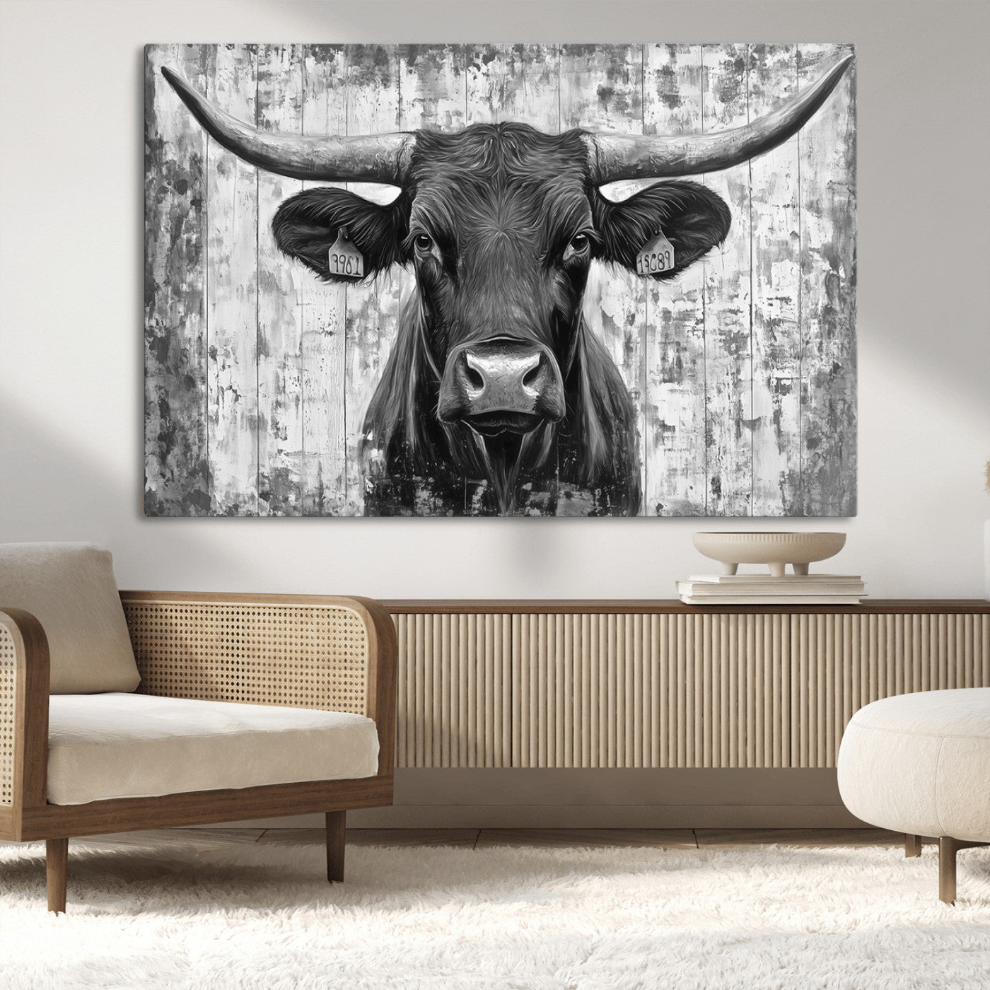 45514-MGV-CV-36X24-Abstract Longhorn Bull Wall Art Canvas Print - Rustic Texas Western Cow Artwork