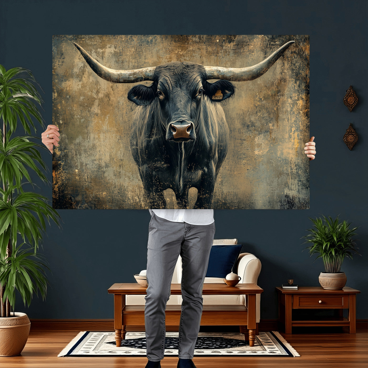 57385-MGV-CV-36X24 - Longhorn Bull Wall Art Canvas Print, Framed Rustic Cow Art Picture Print, Texas Longhorn Perfect Western Decor Artwork