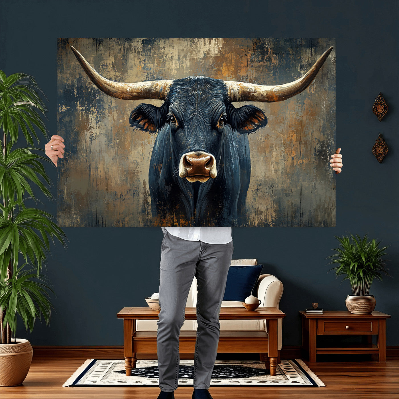 42026-MGV-CV-36X24 - Texas Western Wall Art Canvas Print - Abstract Cow Longhorn Bull Wall Art Canvas Print - Rustic Cow