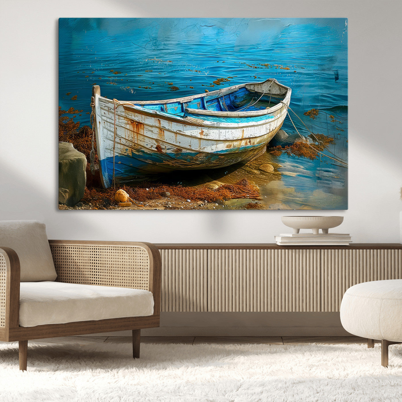 54716-MGV-CV-36X24-Vintage Boat on Tranquil Waters | Coastal Wall Art for Nautical Decor | Rustic Triptych Canvas Print