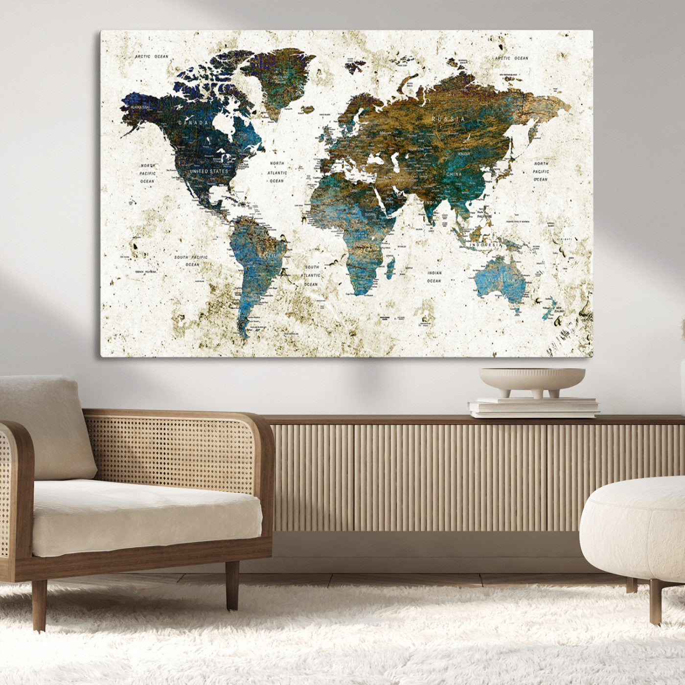 89176-MGV-CV-36X24-Vintage Blue and Brown World Map Canvas Wall Art – Framed Rustic Map Print, Earth Tone Travel Decor for Stylish Home and Office Walls