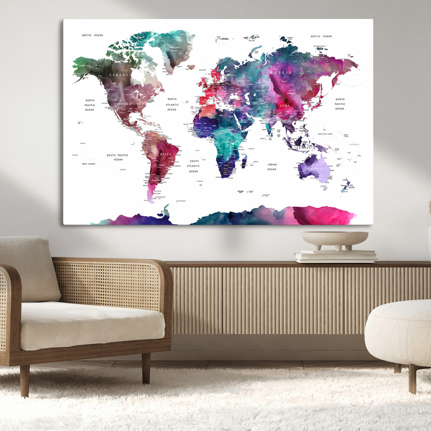 78176-MGV-CV-36X24-Colorful Watercolor World Map Canvas Wall Art – Framed Modern Map Print, Vibrant Travel Inspired Artwork for Home and Office Decor
