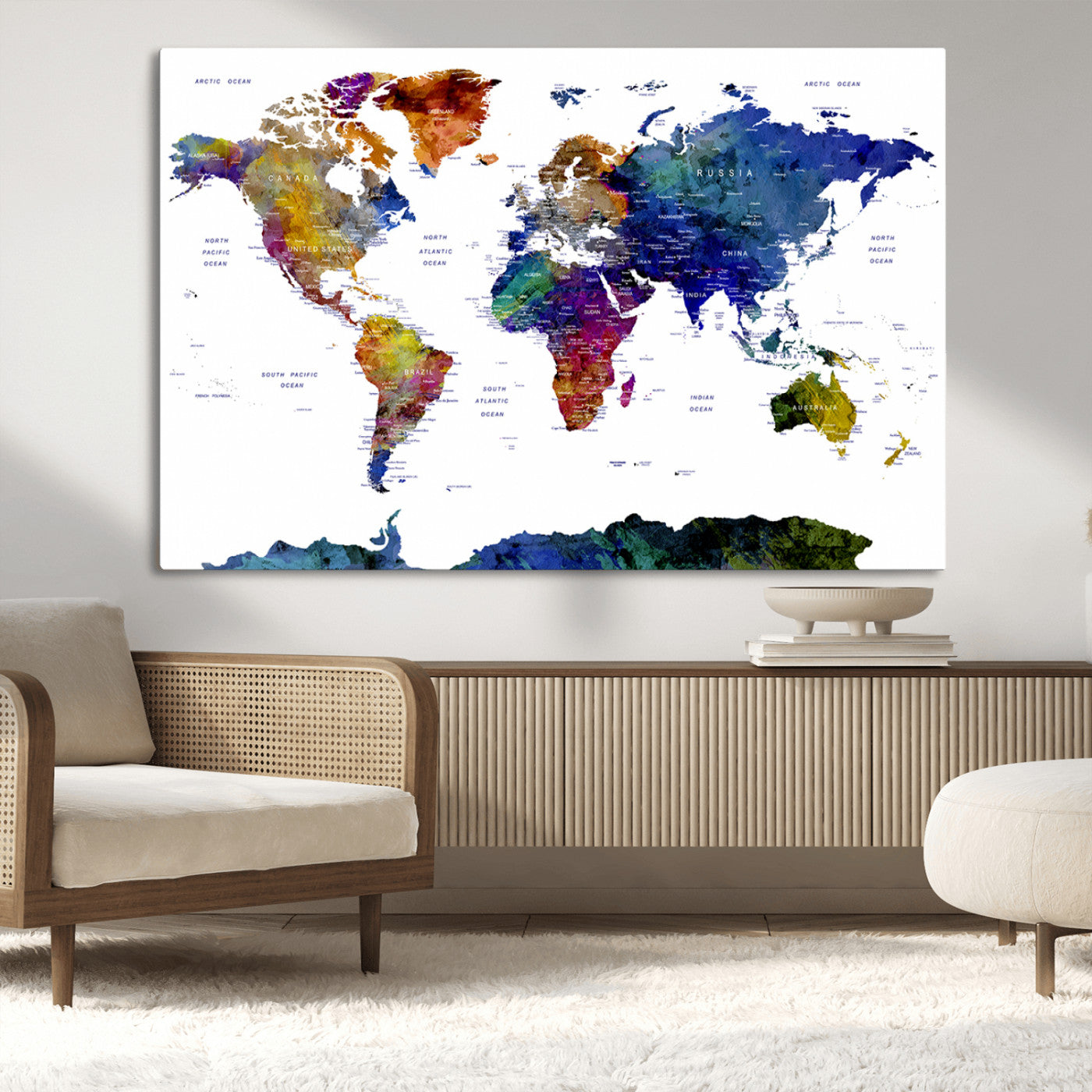 90446-MGV-CV-36X24-Colorful Watercolor World Map Canvas Wall Art – Framed Modern Push Pin Travel Map for Home and Office Decor