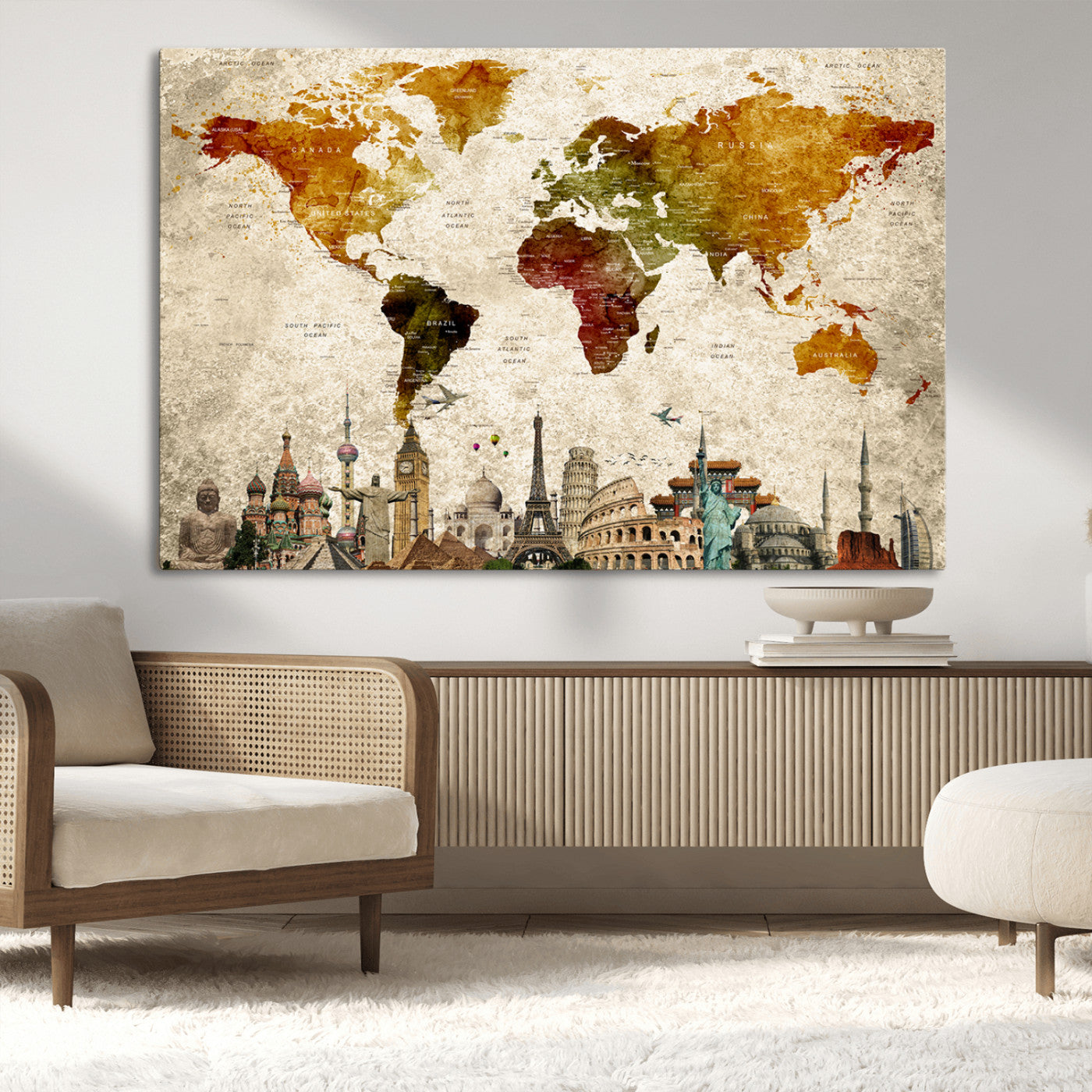40637-MGV-CV-36X24-Push Pin World Map Canvas Print – Framed Travel Map Wall Art for Couples, Anniversary Gift, Modern Home or Office Decor