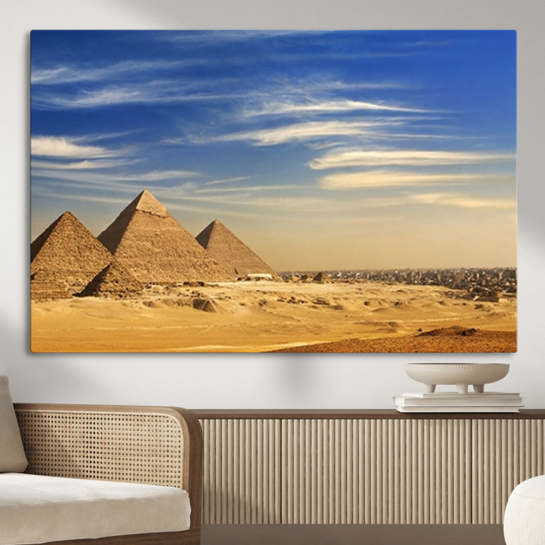 Majestic Ancient Wonders Wall Art Canvas Print, Golden Desert Under Endless Blue Sky