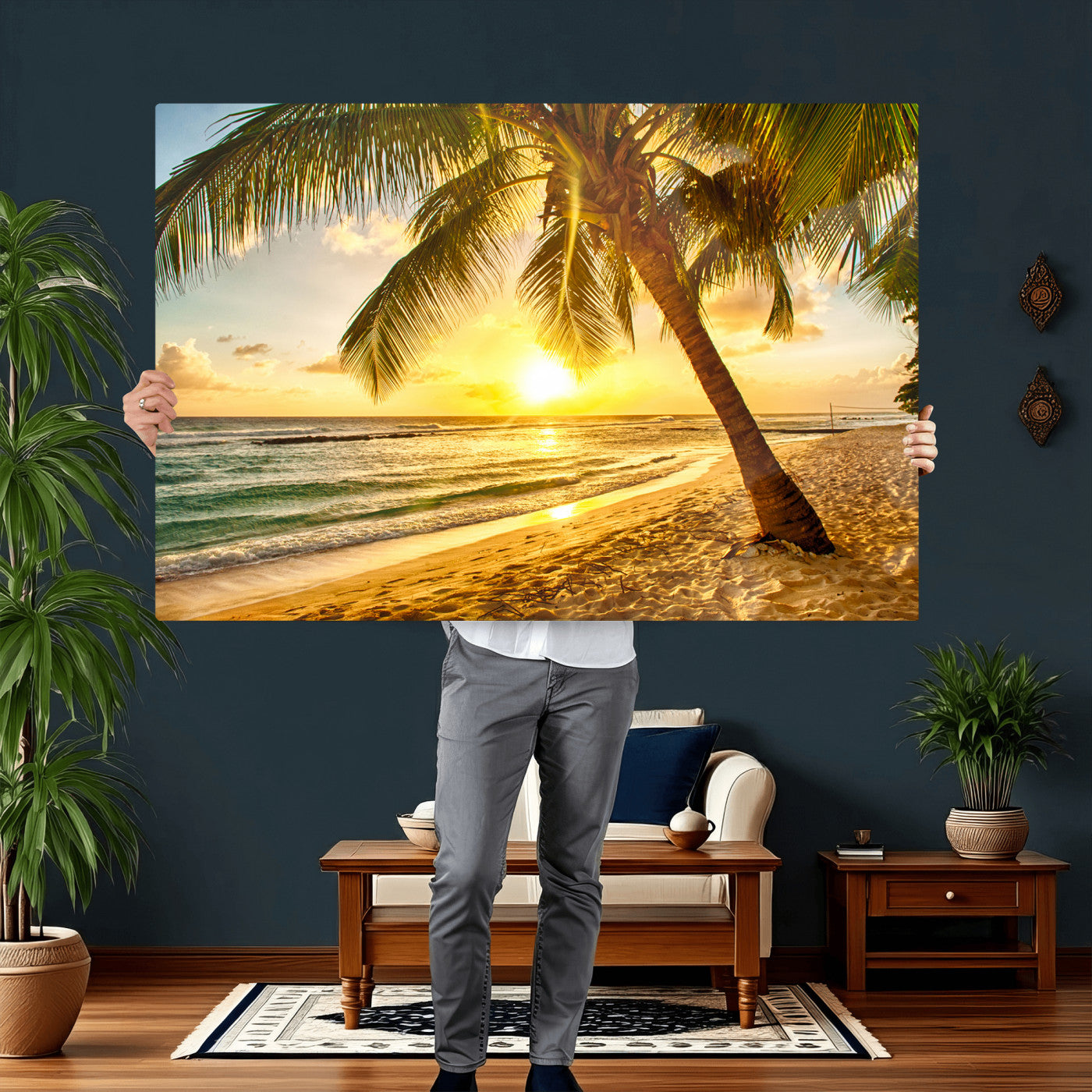 33628-MGV-CV-36X24 - Beach Sunset Canvas Wall Art Print - Tropical Beach Canvas Wall Art Print – Vibrant Palm Trees and