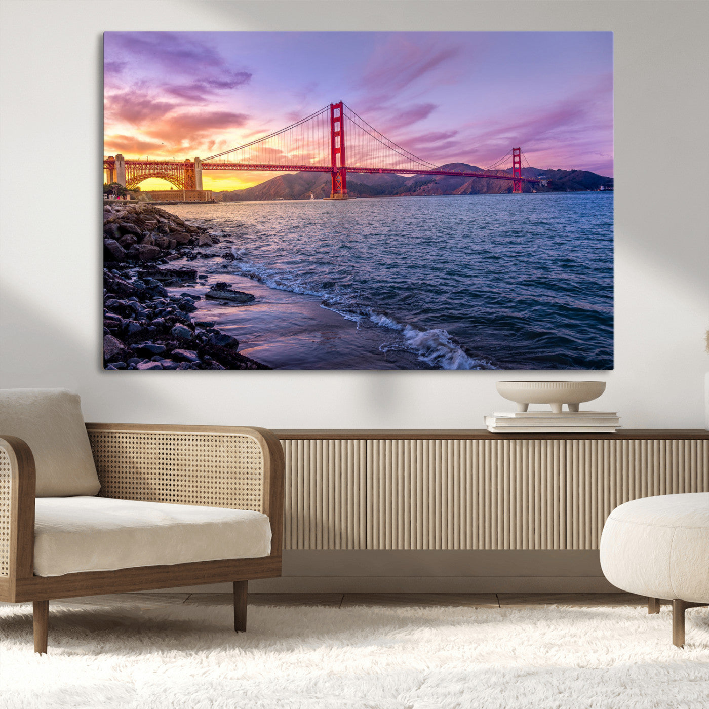 -Golden Gate Bridge Wall Art Canvas Print – Framed San Francisco Sunset Scene with Cityscape Artwork for Home, Office